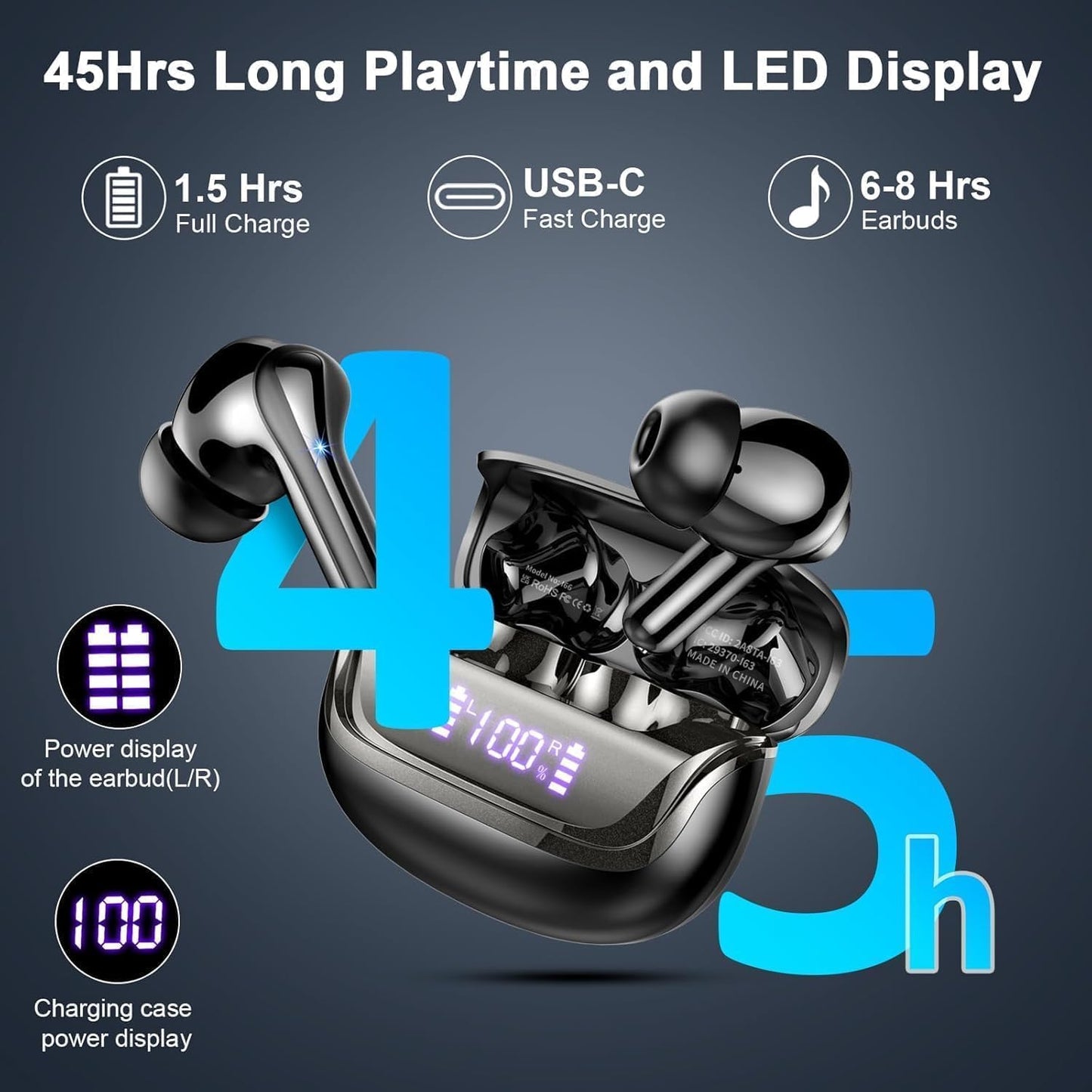 5.4 45H IP7 Wireless Earbuds, Bluetooth Headphones with ENC Noise Canceling Mics, in-Ear Earphones Deep Bass Stereo