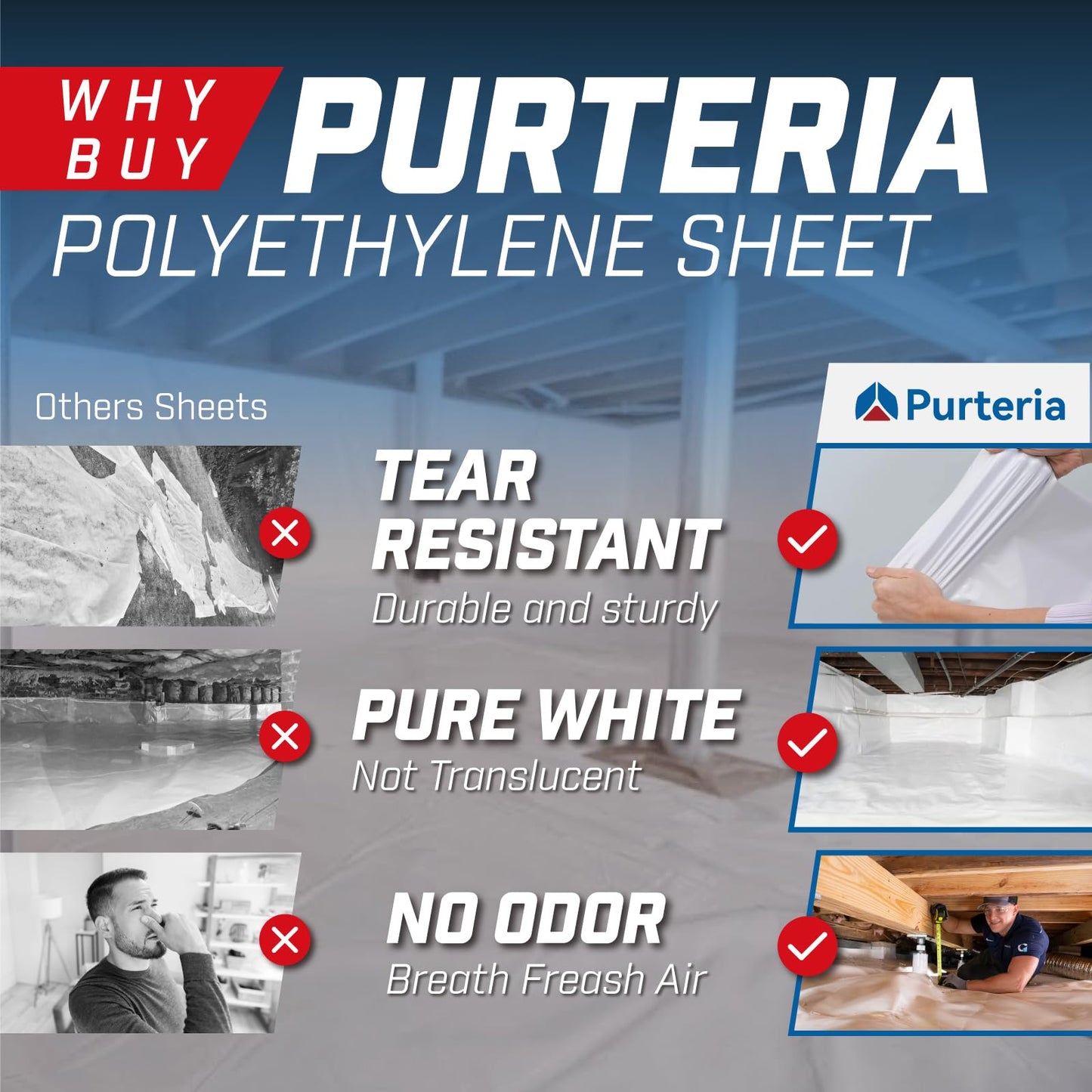 Purteria Crawl Space Vapor Barrier, 10 Mil 10' x 100', White Vapor Barrier, Thick Plastic Sheeting, Heavy Duty Polyethylene Film, Drop Cloth Covering for Crawlspace, Basement