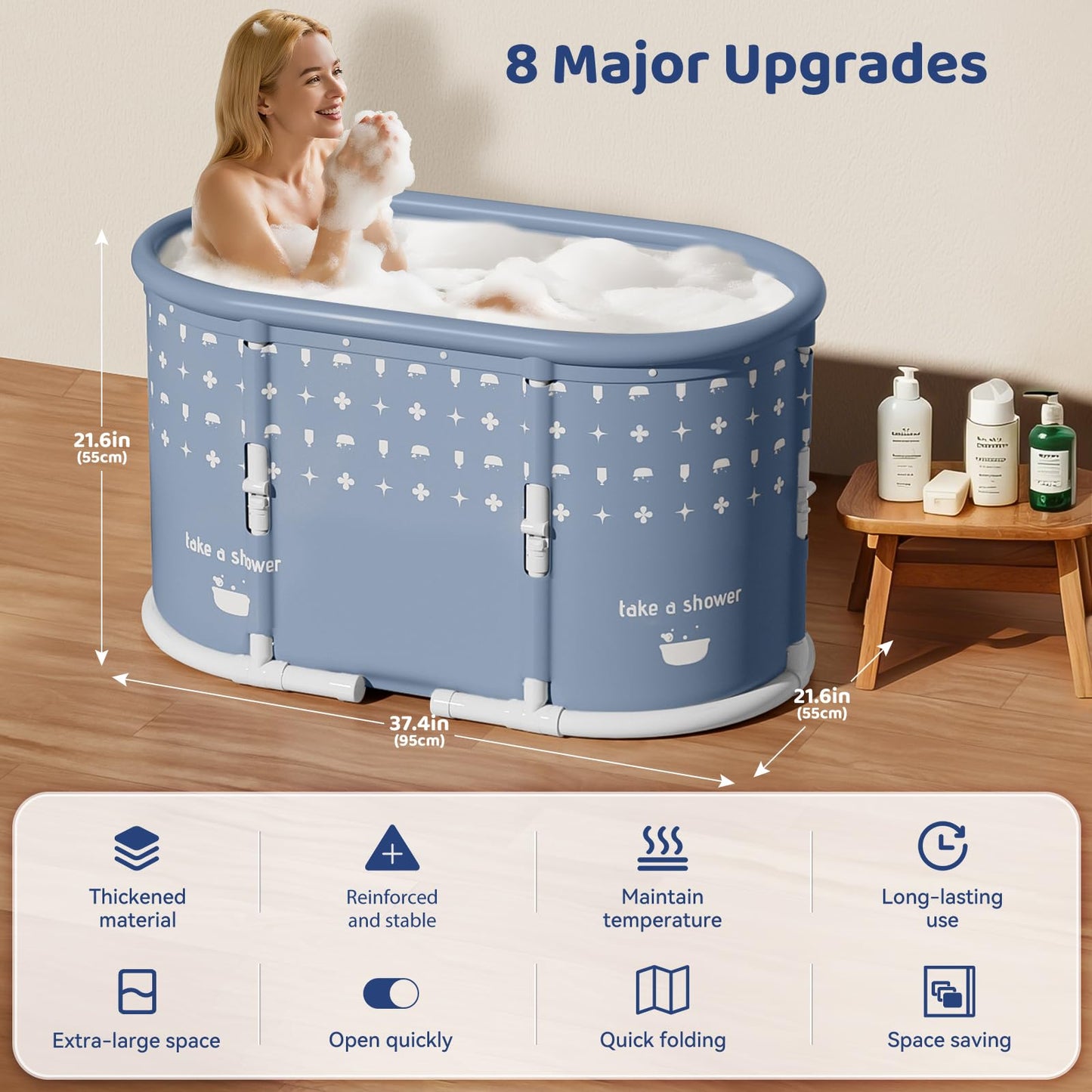 HLCZLUZ Portable Bathtub, Foldable Bathtub No Installation, Freestanding Shower Bathtubs with Cushion, Collapsible SPA Soaking Bath Tub, Hot & Ice Bath Tub for Indoor Outdoor (Water Pattern Blue)