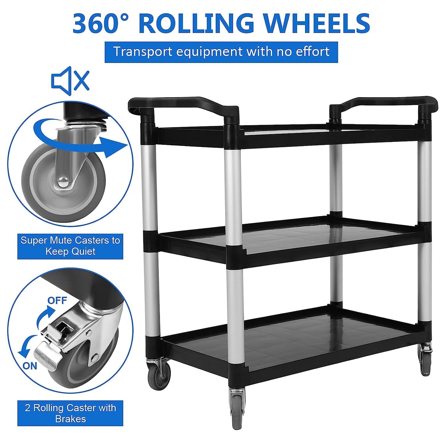 Utility Carts with Wheels, Heavy Duty 360lbs Capacity Rolling Service Cart, 3-Tier Restaurant Food Cart with Hammer for Office, Warehouse, Garage