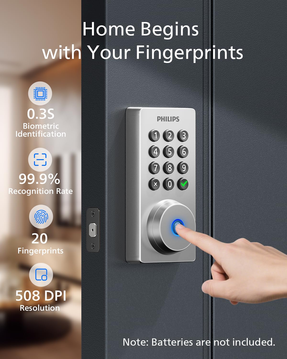 Philips Wi-Fi Door Lock, WiFi Smart Lock Keyless Entry Deadbolt for Front Door, Remote Control, Built-in WiFi, APP Fingerprint Passcode Unlock, Auto Locking