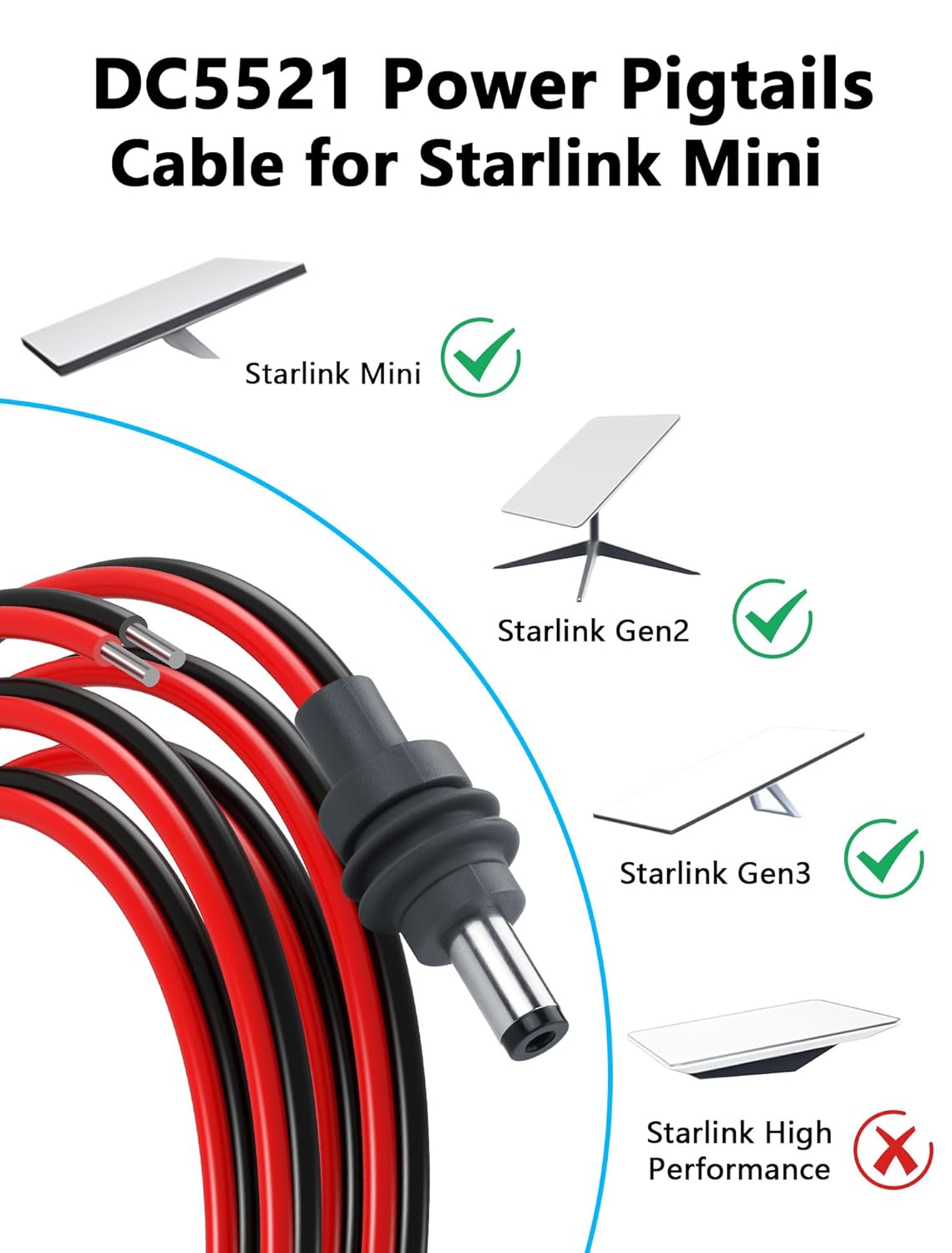 DC5521 14AWG 5.5mm 2.1mm 3.2FT CERRXIAN Power Pigtails Cable for Starlink Mini, DC x Male Plug to Bare Wire Open End