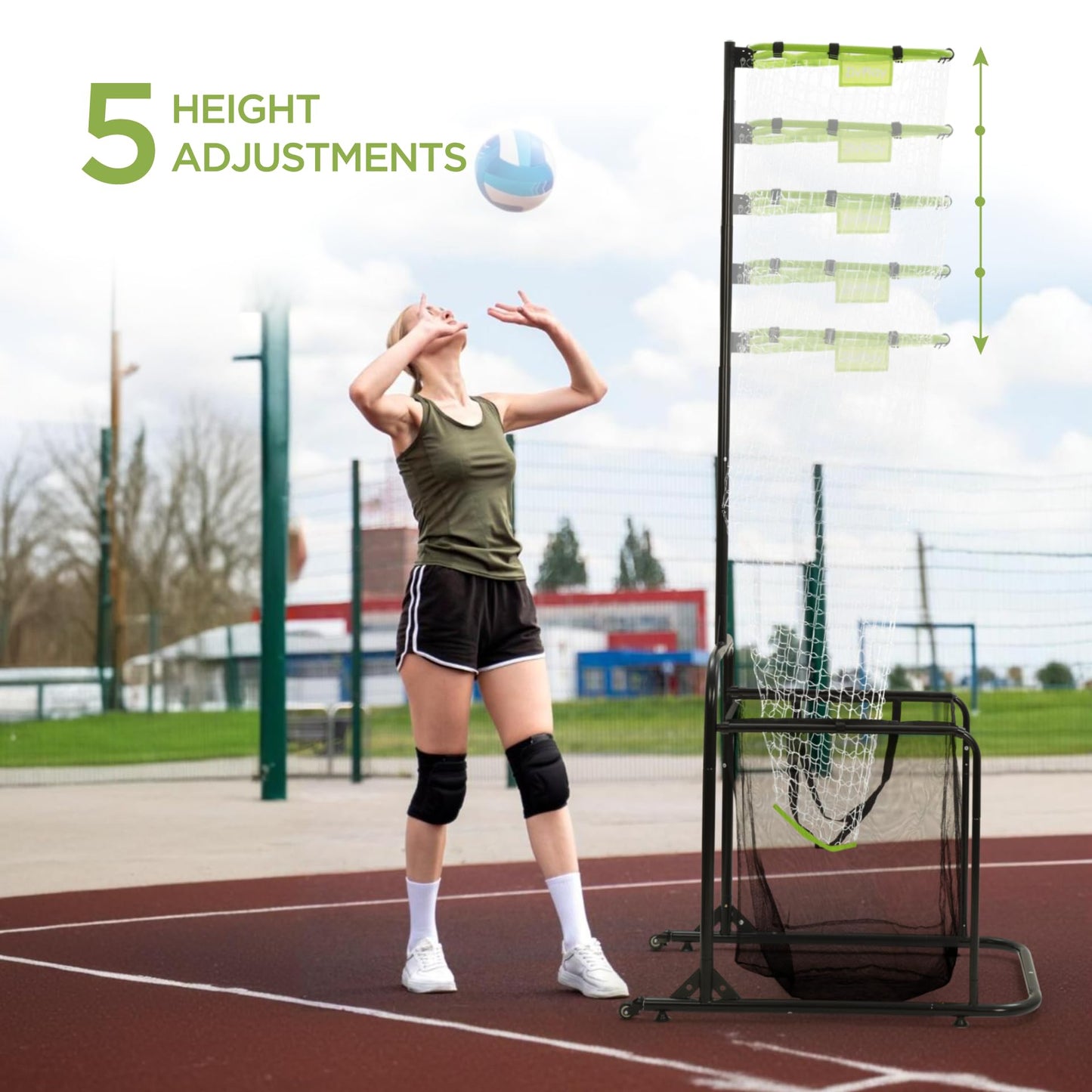 Volleyball Setter Training Equipment Volleyball Setting Trainer Setter Net with 2 Target Hoop Size 5 Angle and Height Adjustments Ball Collection Bag