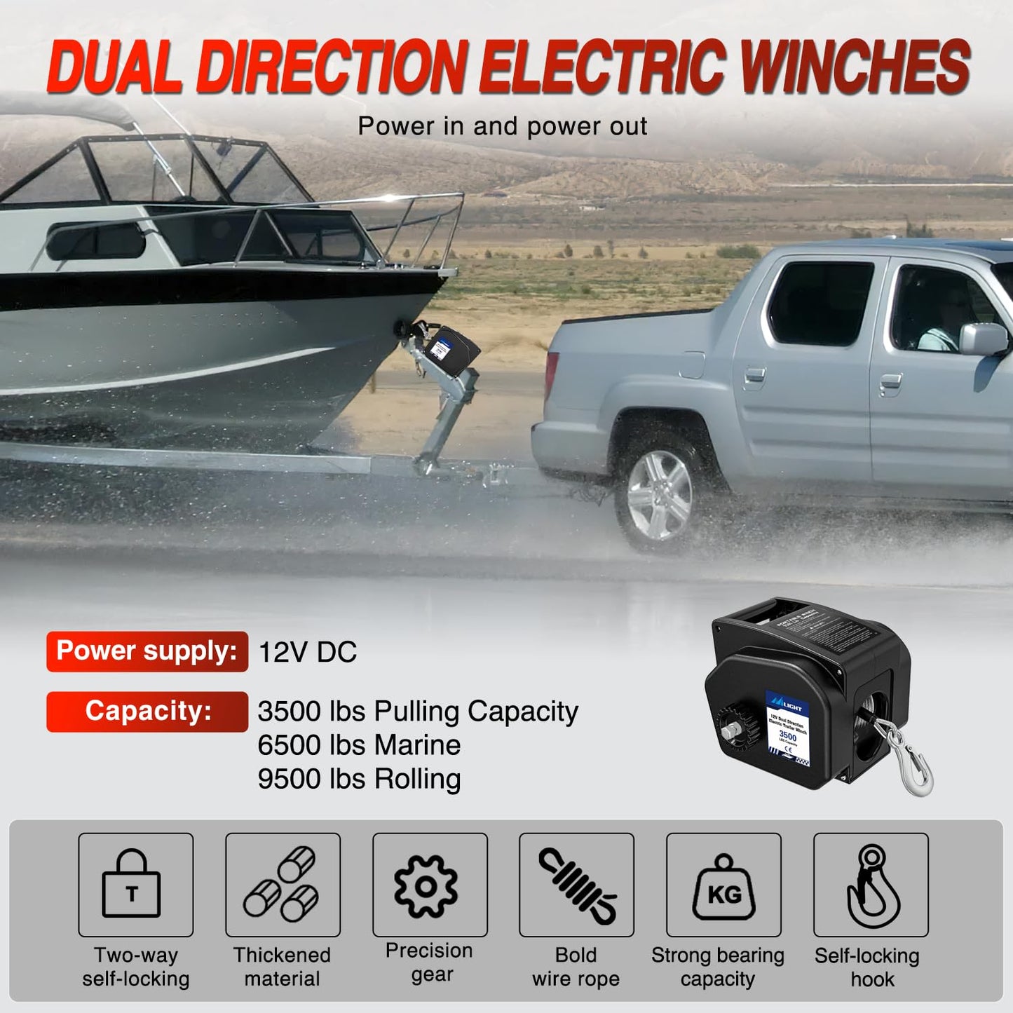 Nilight Boat Trailer Winch 3500 lbs Portable Electric Boat Winches 12 V DC Marine Winch with Remote Control and Hand Crank Power-in Freewheel Operation Waterproof Reversible Winch for Boat Trailer