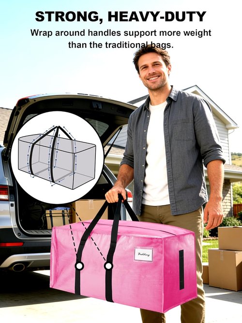 4 Pack Large Moving Bags by [Brand Name] - Heavy Duty Water-Resistant Storage Totes | Space-Saving Design (Pink)