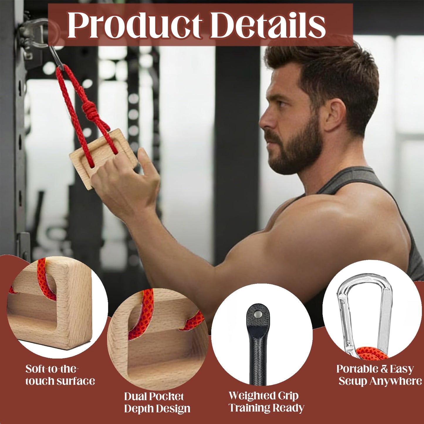 Wshxjzyay Portable Hangboard, Climbing Hangboard, Dual-Pocket Grip Blocks for Finger Strength, Power, and Forearm Training, Adjustable Rope and Metal Clips Included
