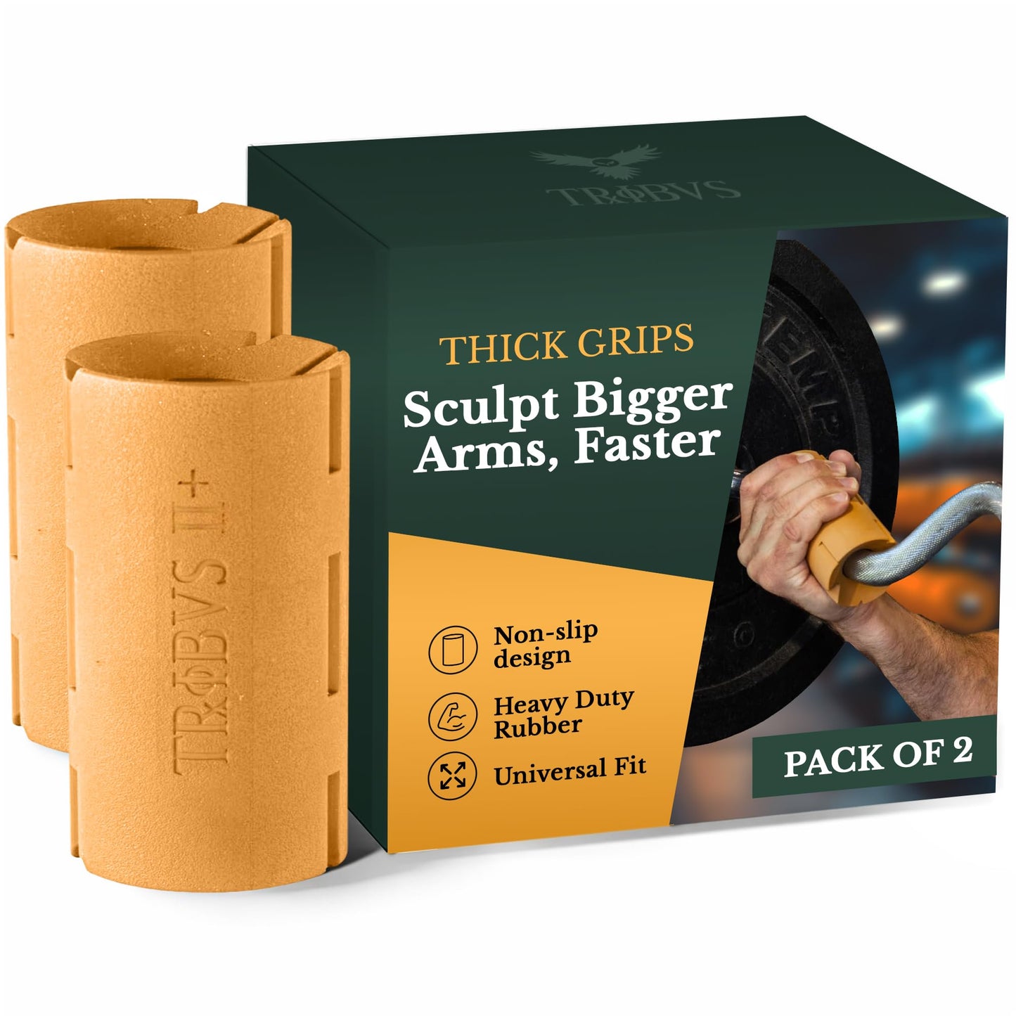 Tribus Grips Prime Thick Grips (2.44" diameter) for Barbells & Dumbbells (One pair) - Arm & Forearm Muscle Gains, Ergonomic, Durable, Non-Slip Rubber Grip