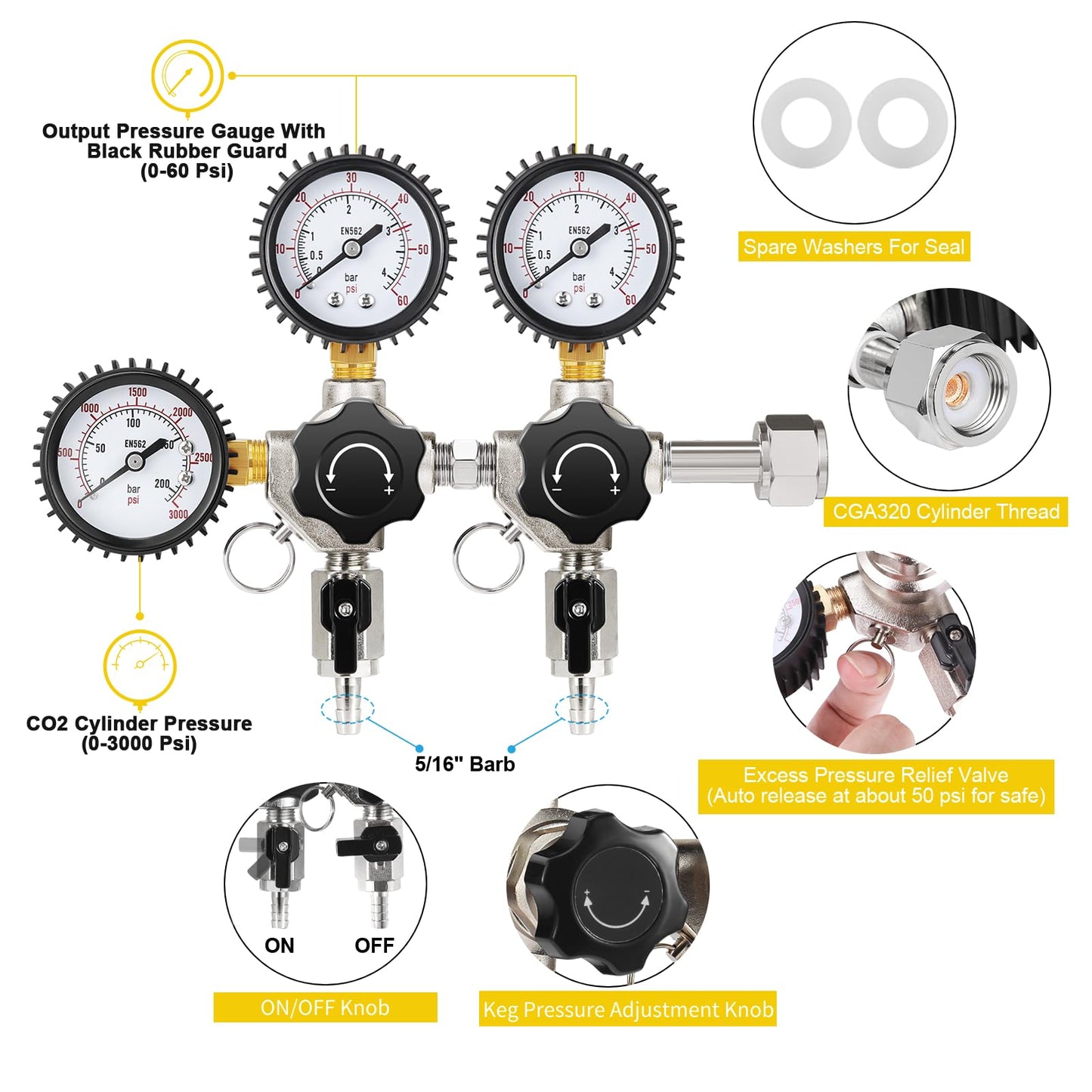 New Adjustable Dual Tap Kegerator Tower & Dual Keg Regulator CO2 Beer Pressure Regulator 0-60psi for Brewing