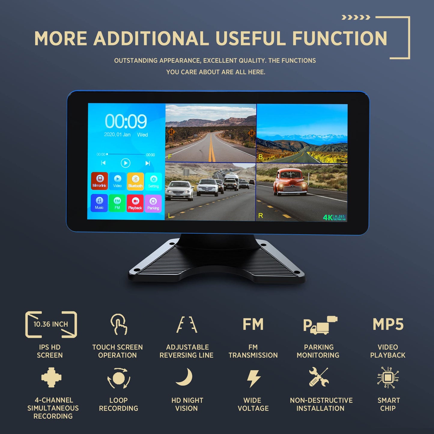 ASLONG 4K Backup Camera 4CH Dash Cam with 10.36" Quad Split Touch Screen & 4 AHD Front Rear Sides View Camera w/DVR Recording Music Video Playback Avoid Blind for RV Semi Trailer Truck Van
