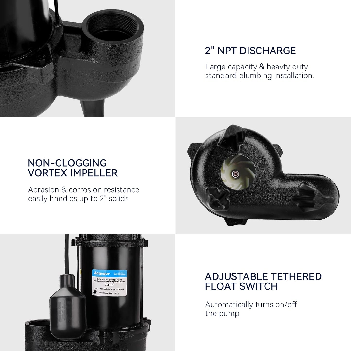 Acquaer 1/2HP Submersible Sewage/Effluent Pump, 6000 GPH, Cast Iron, Automatic Tethered Float Switch, 115V Sump Pump for Sump Basin, Residential Sewage, Basement, 2'' NPT Discharge