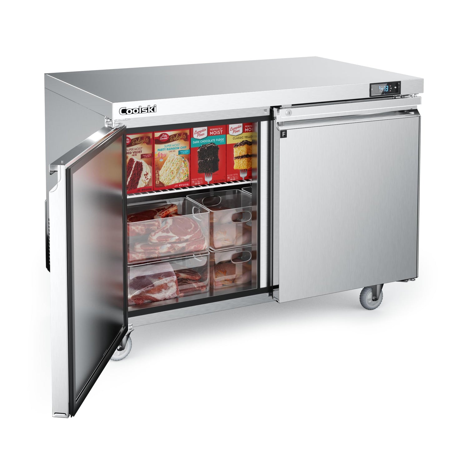 Coolski Commercial Freezer, 48”W Double Door Under Counter Freezer with 13.4 Cu.ft., -13℉to -5℉ Stainless Steel Fan Cooling Worktop Freezer for Restaurant, Bar, Kitchen, Food Truck