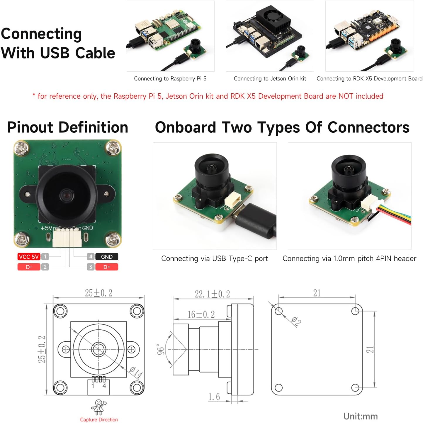 waveshare OV2735 2MP USB2.0 SH1.0 4PIN USB Camera (A), Supports Type-C Port and Header