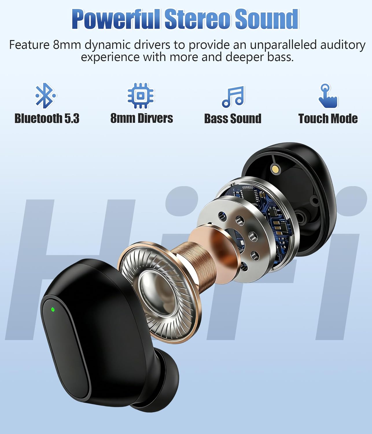 STUPIDYIN 5.3 30H IP54 Wireless Earbuds, Bluetooth Headphones with Semi-Transparent Case, Playback LED Power Display