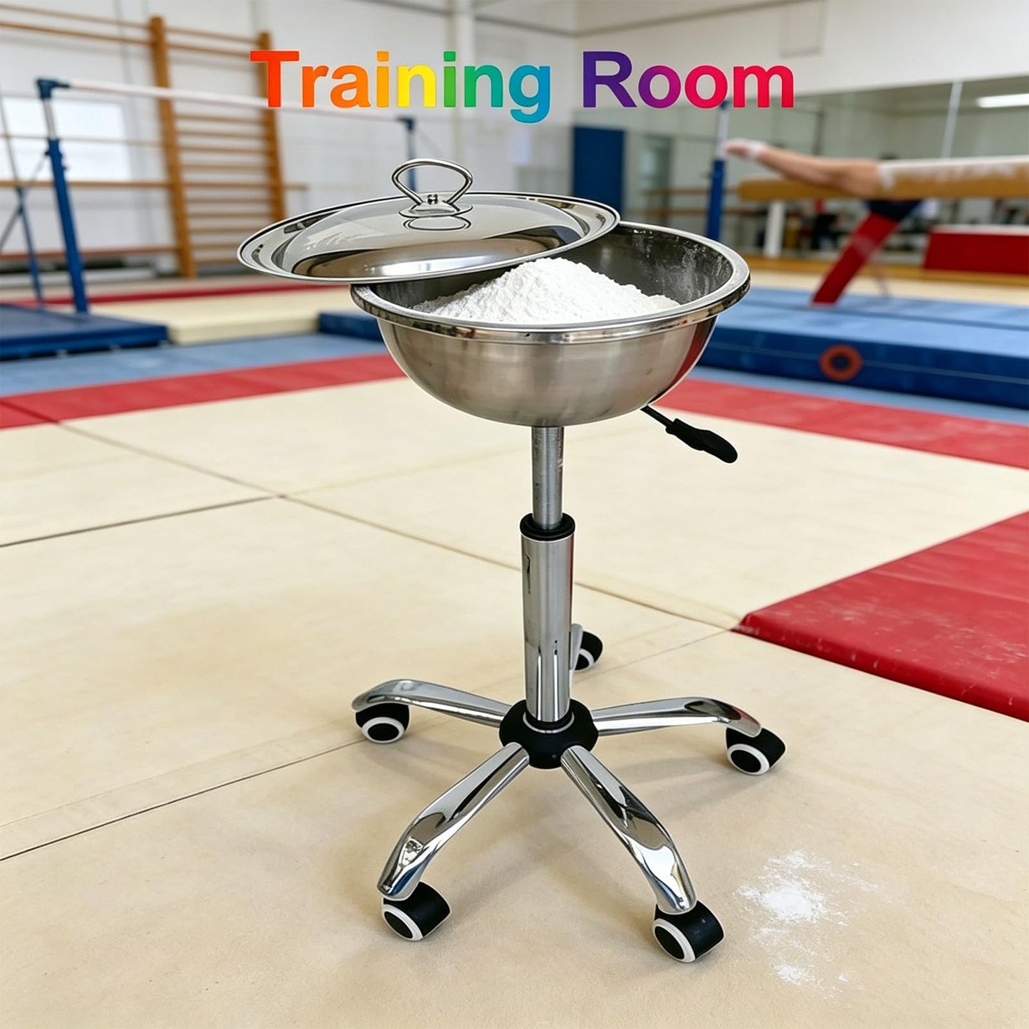 IMOYBBR Gym Chalk Stand Bowl, Adjustable Height Stainless Steel Holder with Lid and Rolling Wheels for Weightlifting Gymnastics Rock Climbing and Training Sessions Use
