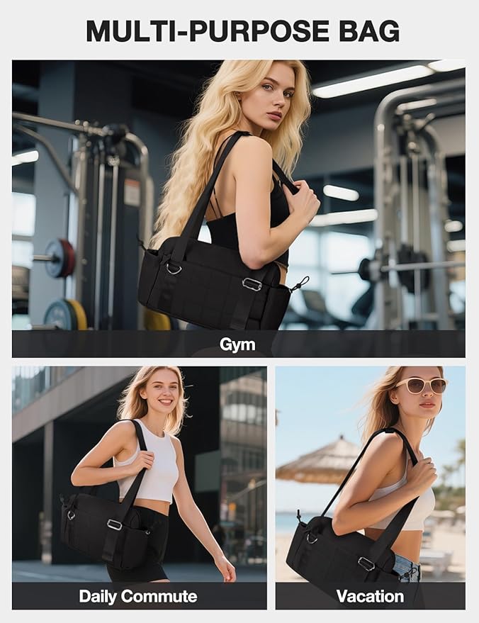 VUUDH Puffy Mini Gym Bag for Women, Carry On Multi-Pocket Water-Resistant Duffel, Lightweight Sports Bag for Fitness, Work, Travel, Daily Commute,Black