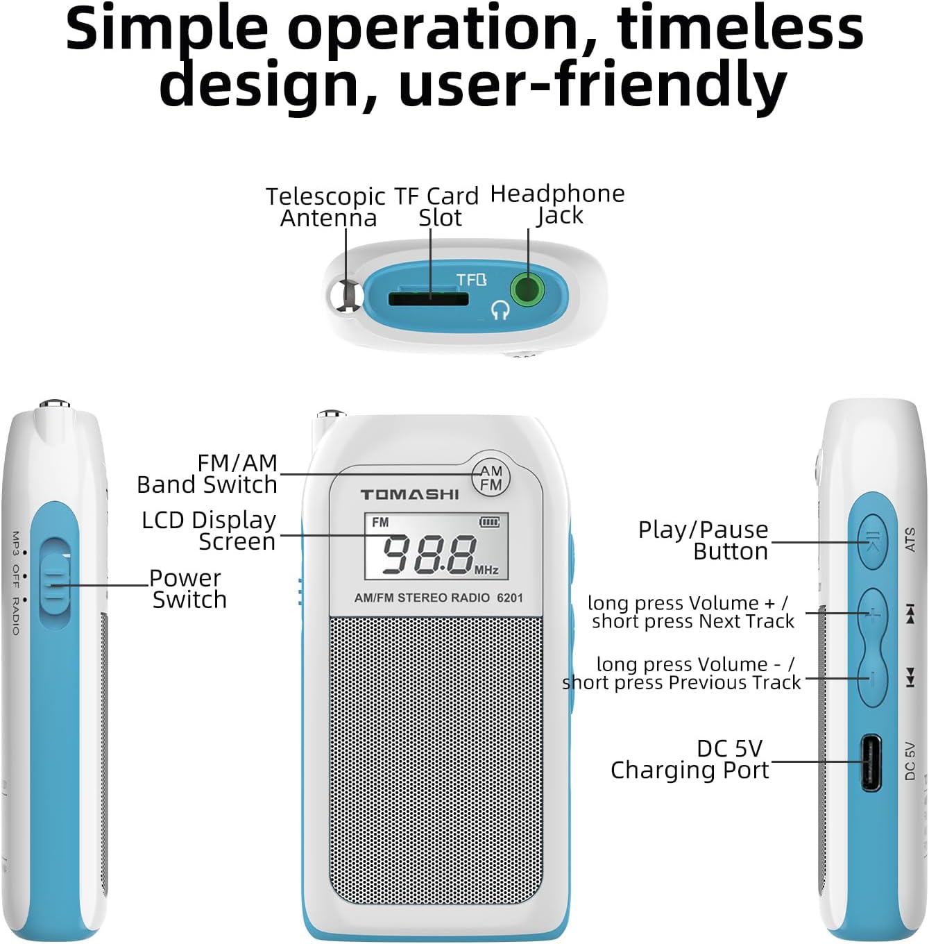 TOMASHI Preset MP3 Tiny Portable AM/FM Radio with DSP, Auto Scan & Channels, Stereo Headphone Output, Micro SD Player