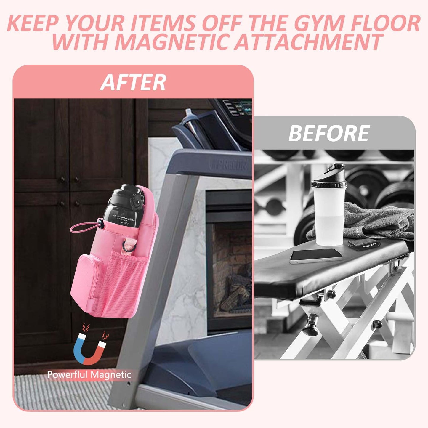 Magnetic Gym Bag for Men and Women, Magnetic Water Bottle Holder for Gym, Small Gym Bag, Gym Gifts for Women and Men (Pink, <40 OZ)