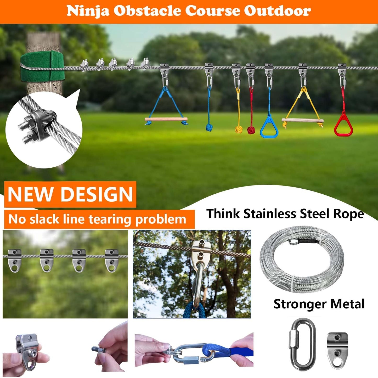 SZHTMZXC Ninja Warrior Obstacle Course for Kids Backyard Outdoor, 55ft Stainless Steel Main Cable, No Sagging, No Fraying, Weatherproof, 15 Ninja Training Accessories, Climbing Net, Swing, Wheel