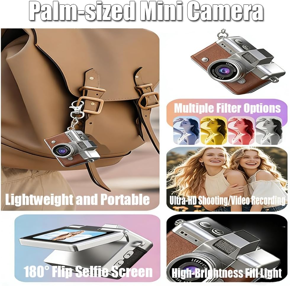 Generic 1.47" 32GB LCD Flip Screen Retro Keychain Camera, Card, Built-in Flash & Strap, Portable Camera for Travel