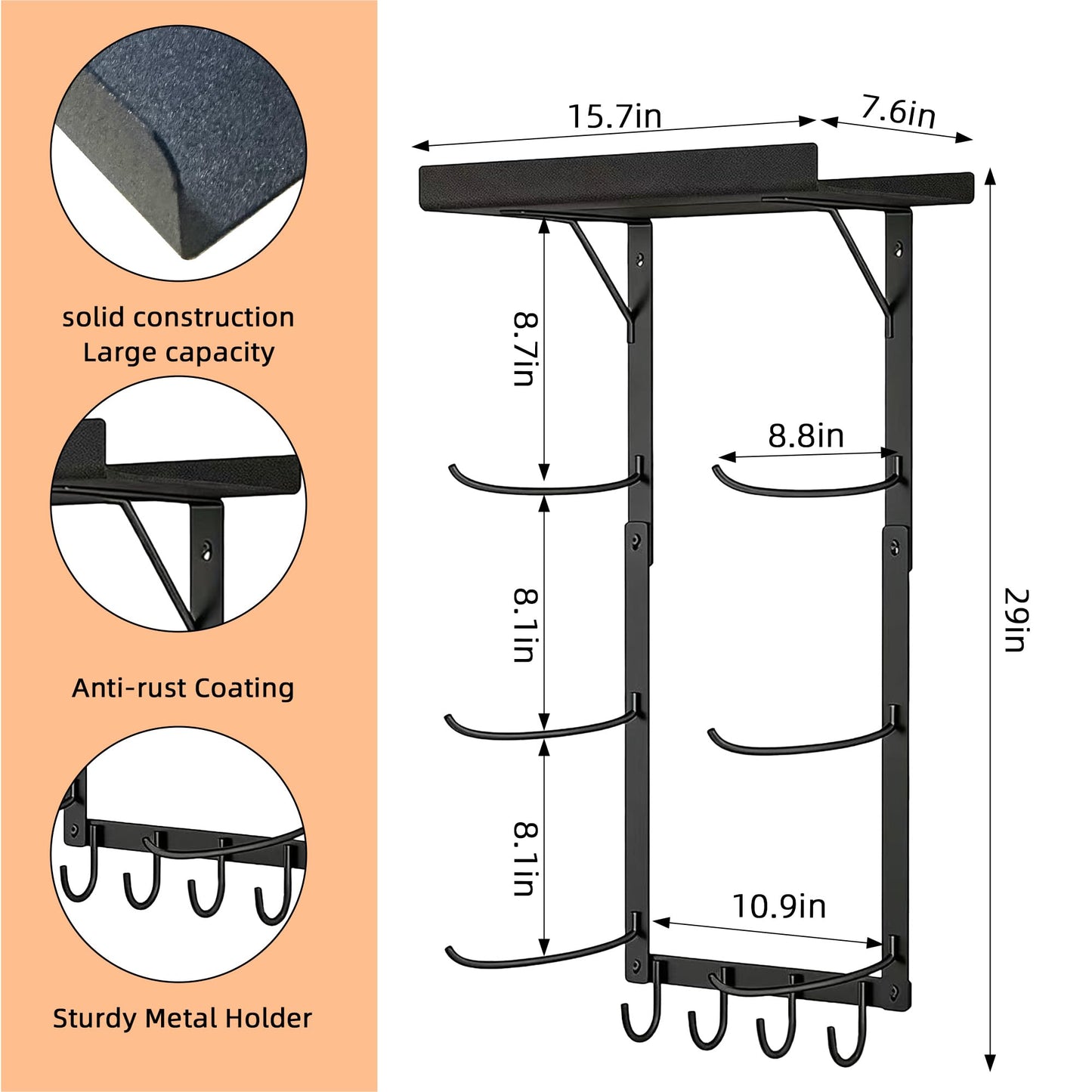 Lanasz Yoga Mat Holder Wall Mount - 4 Tier Home Gym Storage Rack with Shelf & 5 Hooks, Gym Equipment Organizer & Wall Storage for Workout Room Decor