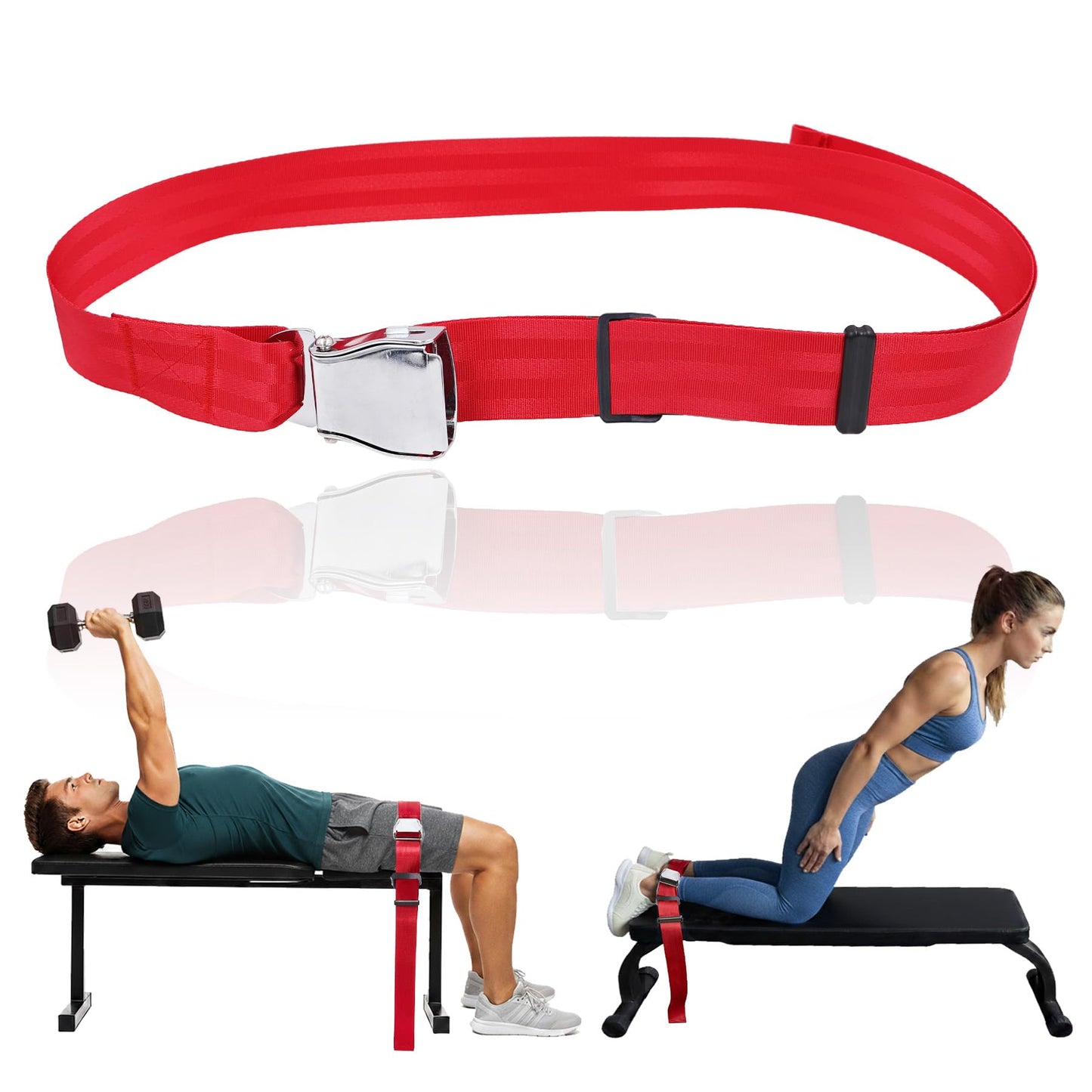 Nordic Curl Stabilizer Strap with Anti-Slip Locking Buckle, Adjustable 63-Inch gym seatbelt for Bench, Nordic Curl, Leg Extensions, Seated Rows & Home Gym Training(red)