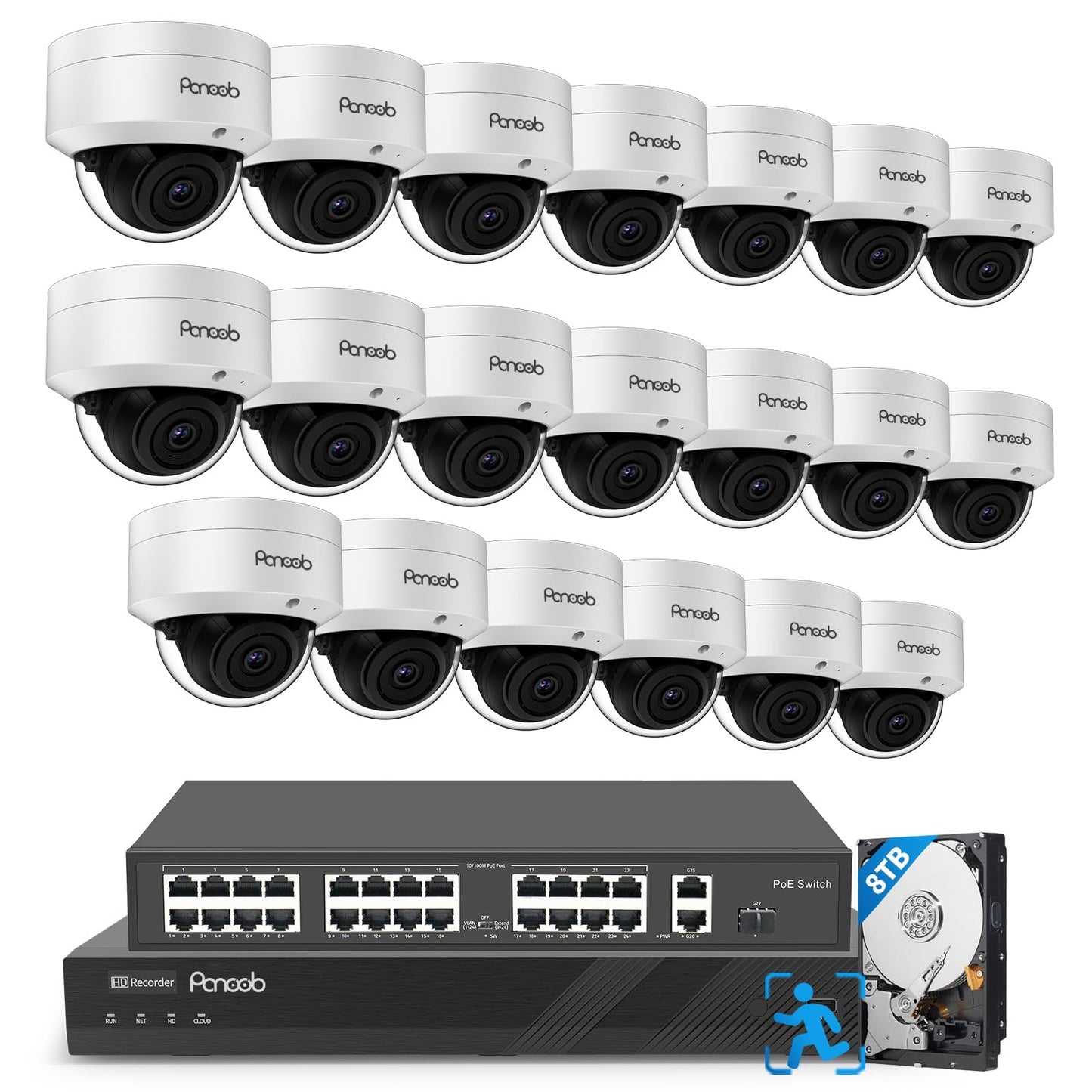PANOOB 32 Channel Security Camera System, 20x 5MP Wired IK10 Vandal-Proof Dome IP PoE Cameras Outdoor with AI Human Detection, Built-in Microphone, Remote Access, 4K 32CH NVR 8TB HDD, PD54A2032-5M