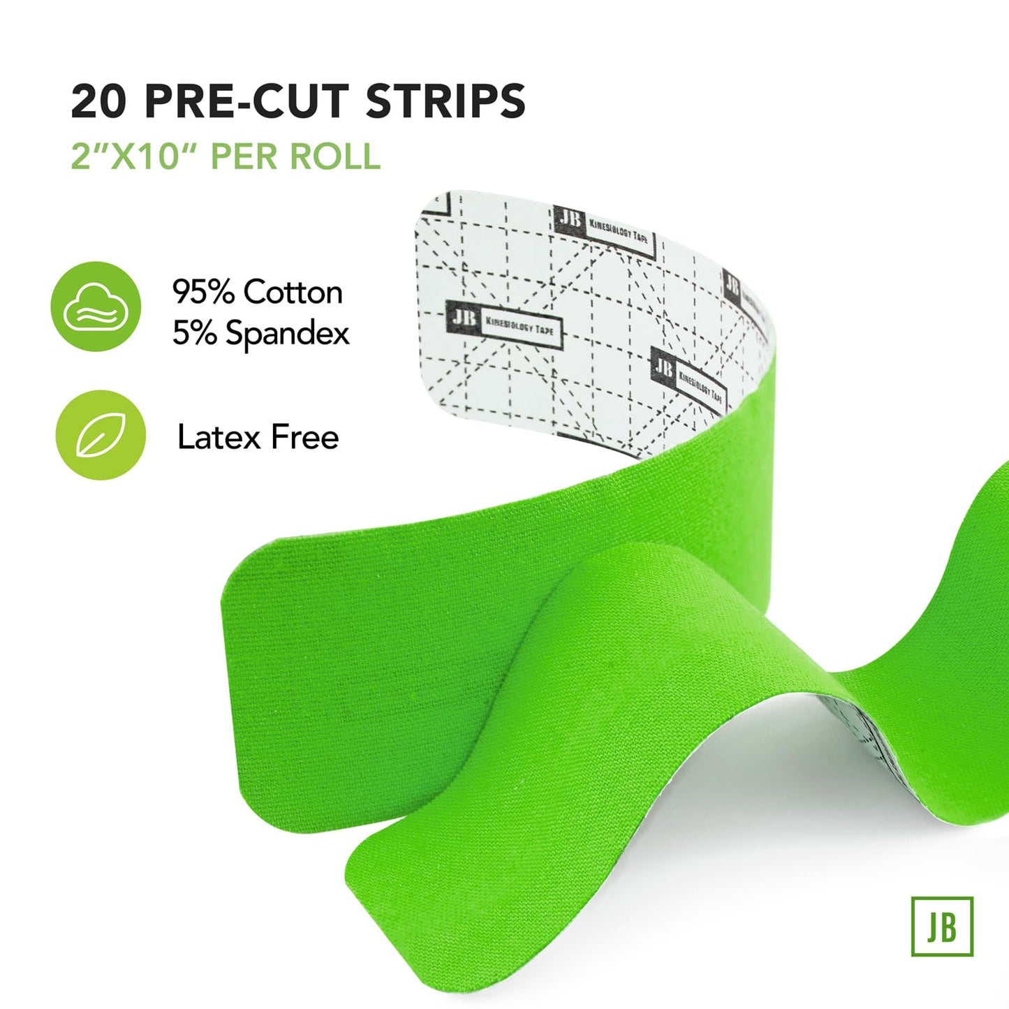 June Bugz Enterprises JB Tape Kinesiology Tape – 80 Precut 10-Inch Strips – Green – Elastic, Latex-Free, Water Resistant – Athletic Muscle & Joint Support – 4 Rolls