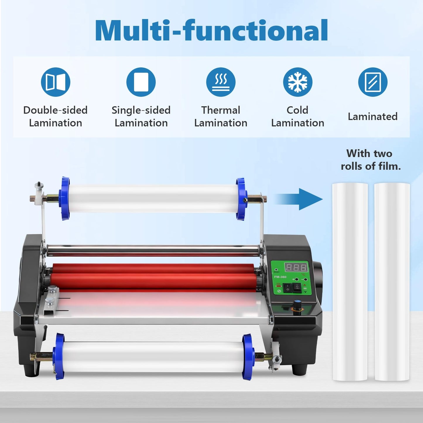 MXBAOHENG 13.78” Laminating Machine with 2 Rolls of Film, 110V Hot Cold Roll Laminator with Adjustable Speed Function, A3/A4 Digital Display Electric Laminator, Single- & Double-Sided Lamination