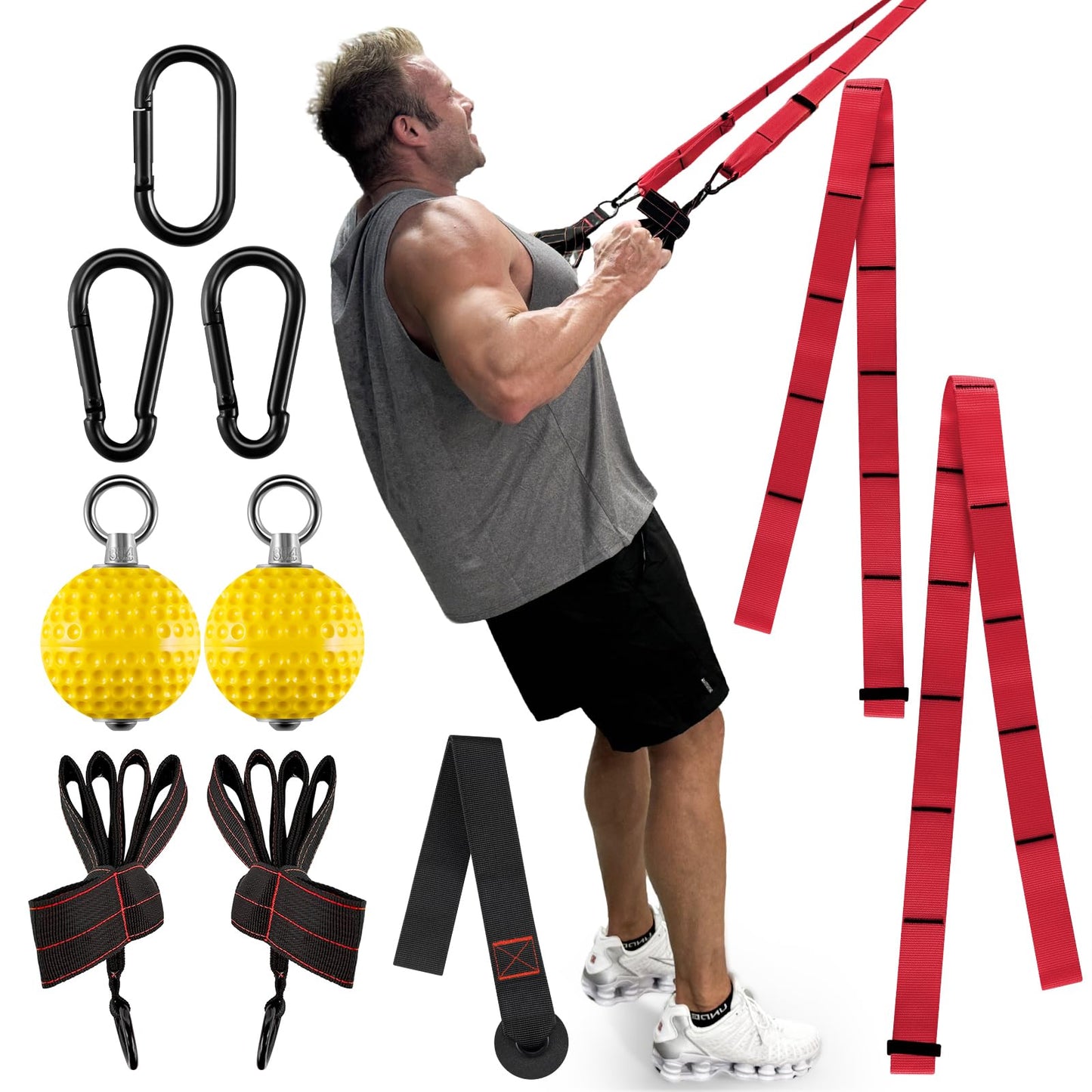 FitBeast Pull Up Ball Grips & Finger Straps Set – Grip Balls for Dead Hangs, Pull Ups, Climbing & Home Gym Training (Red)