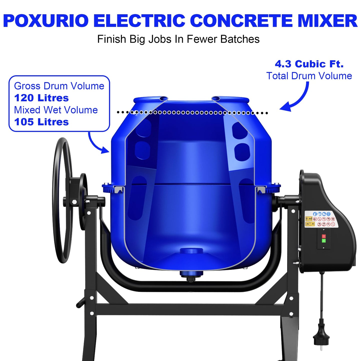 POXURIO 120L Electric Cement Mixer, 4.3 Cubic Ft. 450W 3/5HP Portable Concrete Mixer Machine with Stand And Wheels for Stucco, Mortar, Seeds, Blue-2026 Upgraded