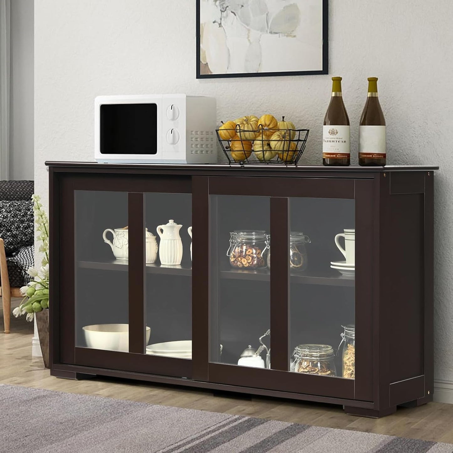 Byroce Sideboard Buffet Cabinet, Stackable Storage Coffee Bar Cabinet with Adjustable Shelf & Glass Sliding Doors, Wood Cupboard Credenza Console Table for Kitchen Dining Living Room (1, Coffee)