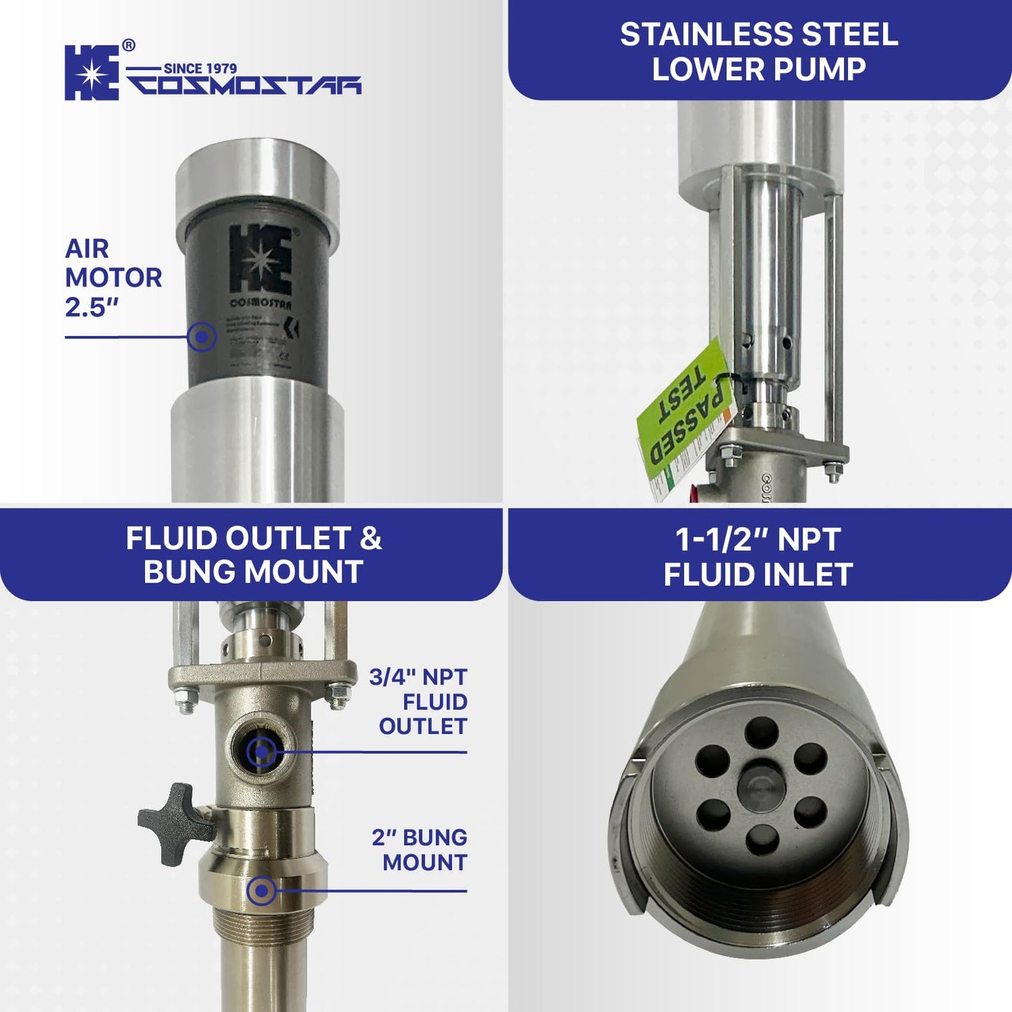 COSMOSTAR 2.5" 2:1 Air Operated Pneumatic Piston Pump for 55 Gallon Drum Teflon Packing Oil Chemical Transfer Pumps 4.0GPM/15LPM, High Fluid Pressure 240 Psi