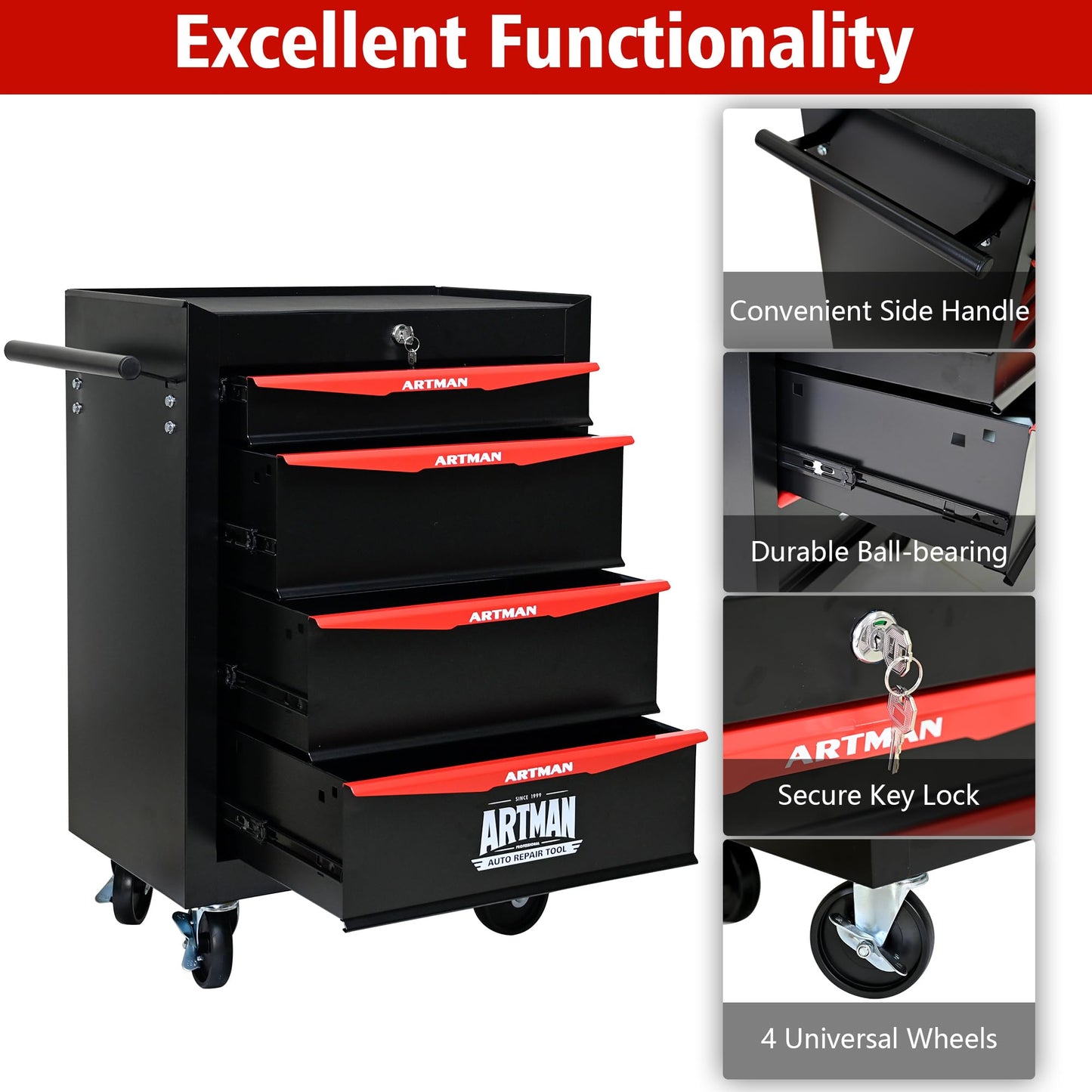 RYH 4/5/6/7 Drawers Rolling Tool Chest - Heavy Duty Mobile Tool Cart with Locking Wheels & Ball Bearing Drawers, 30.5" H x 20.9" W x13 D Garage Tool Storage Cabinet，Metal Tool Box (Black, 4 Drawers)