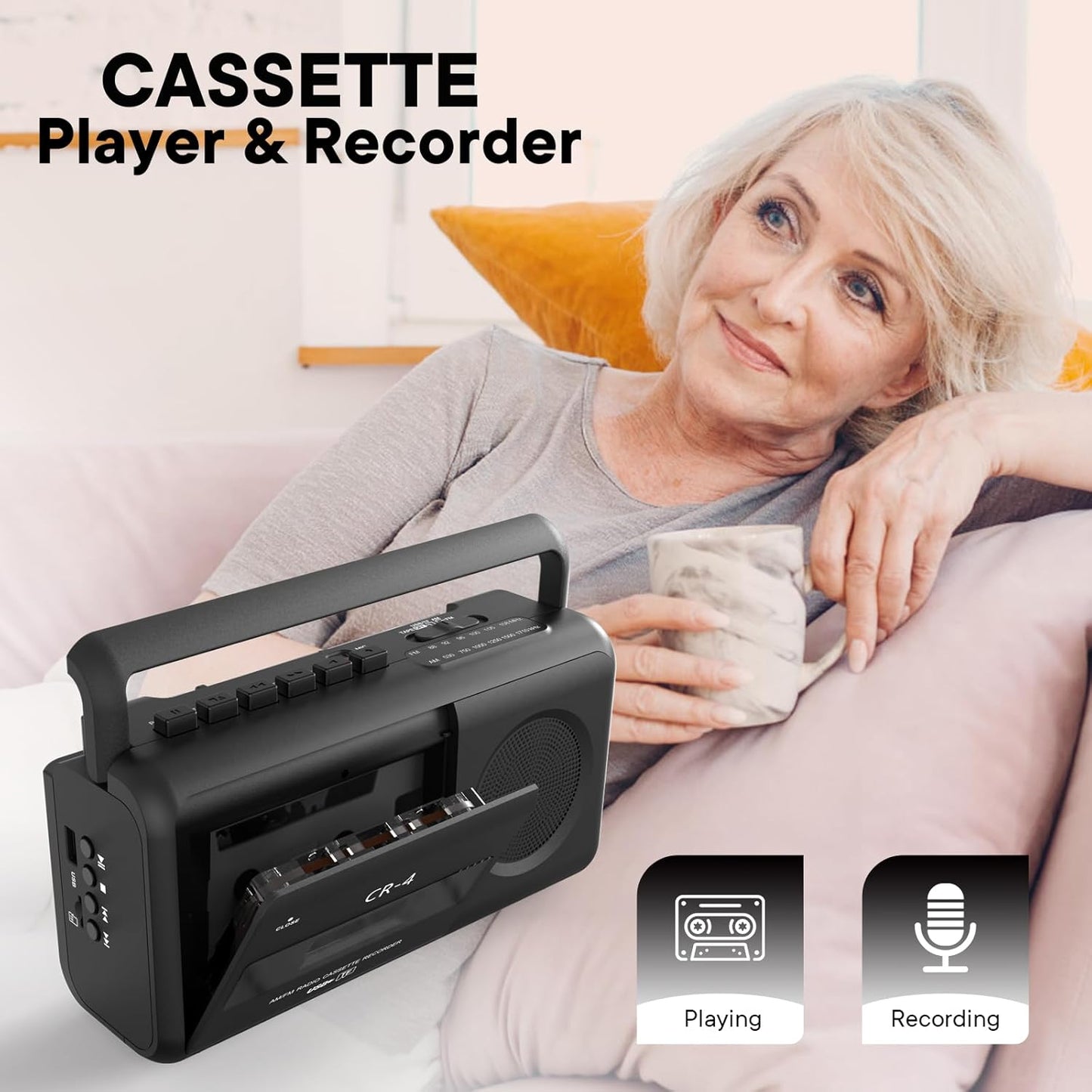 Kuephom Cassette MP3 Portable Tape Player Recorder,Boombox Radios Convert AM/FM and to Tapes,Builtin Microphone