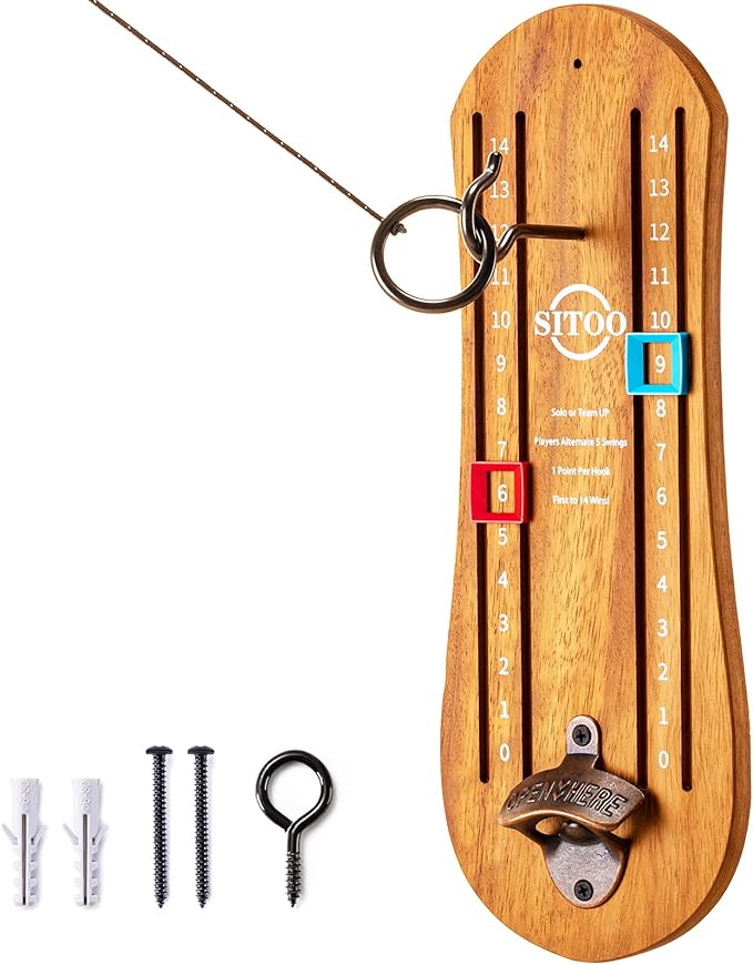 Ring Toss Game for Adults, Hook and Ring Game with String and Hooks for Indoor & Outdoor, Ring Hook Game with Bottle Opener, Gifts for Men