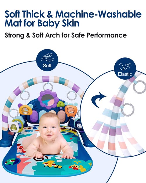 Dearlomum Baby Play Mat Gym - Fun Piano Tummy Time Activity Mat with 5 Sensory Toys | Blue for Newborns 0-12 Months