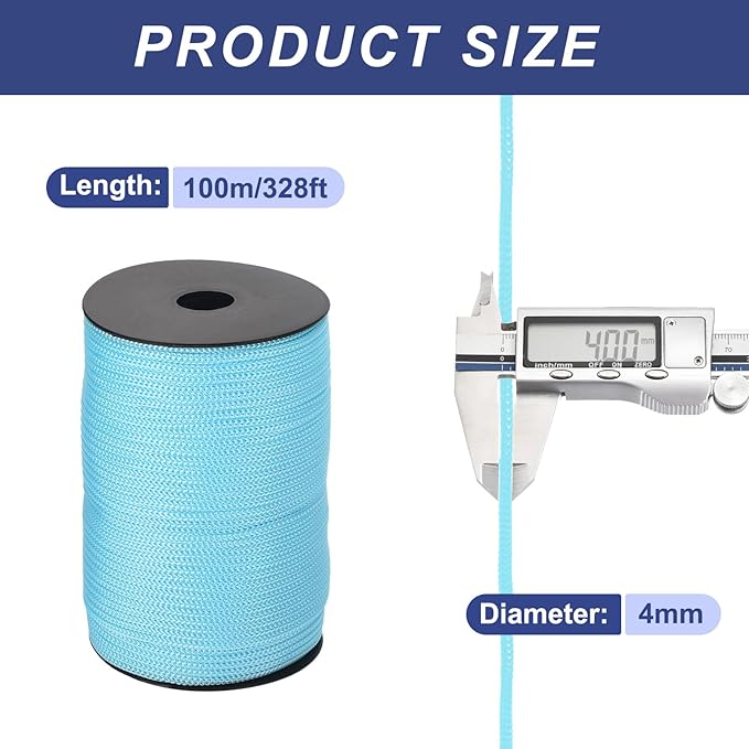 MECCANIXITY 5/32 Inch Polypropylene Rope Braided Ropes, 328ft Camping Rope Hollow Utility Cord for Clothesline, Hiking, Outdoor, Sky Blue