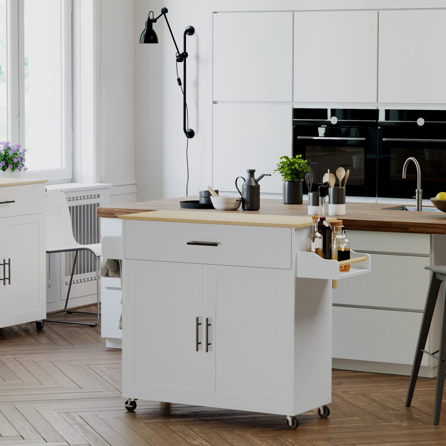 IRONCK Rolling Kitchen Island Table on Wheels with Drop Leaf, Storage Cabinet, Drawer, Spice/Towel Rack, Kitchen Cart, 47.25" Wide White