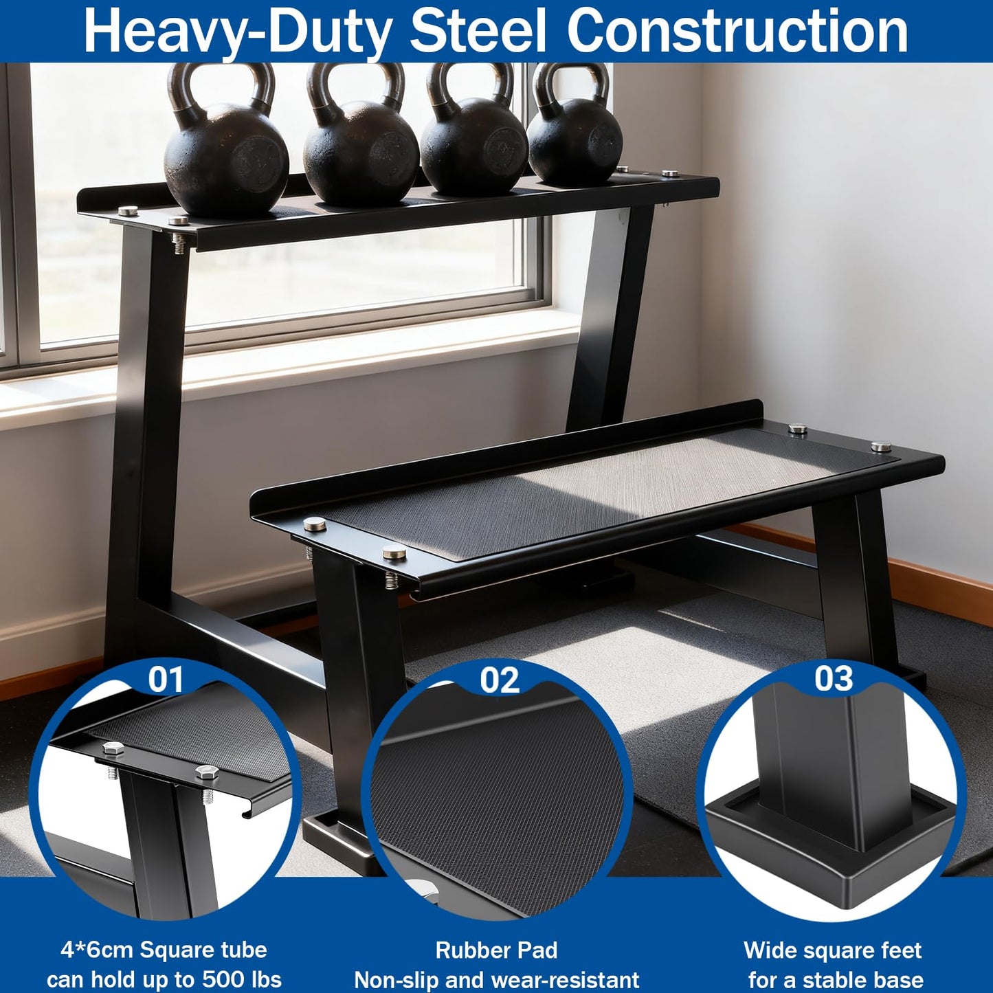 AUXHDK Kettlebell Storage Rack with Anti-Slip Pads, 2-Tier Weight Racks, Kettlebell Stand, Dumbbell and Kettlebell Rack for Home Gym Use