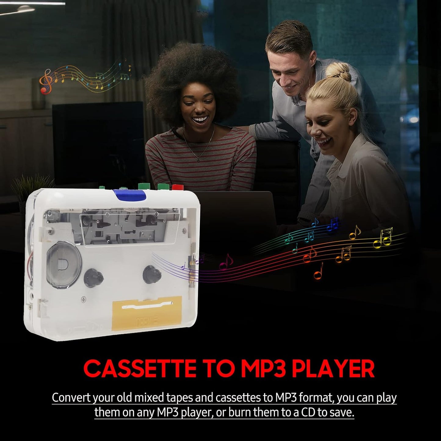 Yinhing Cassette MP3 MP3 Cassette to Player, Color Transparent Tape Player to Portable Stereo Player, USB Plug and Play
