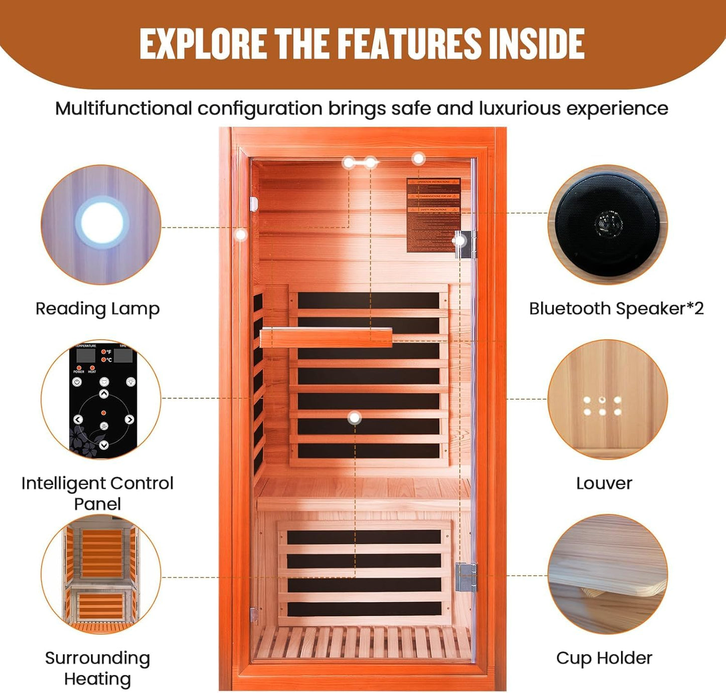 Infrared Sauna, Far Infrared Saunas for Home, Low EMF 1 Person Sauna Indoor Sauna Room Dry Sauna with Bluetooth Speakers 7 Color Light Therapy Fast Heating Easy Assembly 1065W/110V 31.5*31.5*63 IN