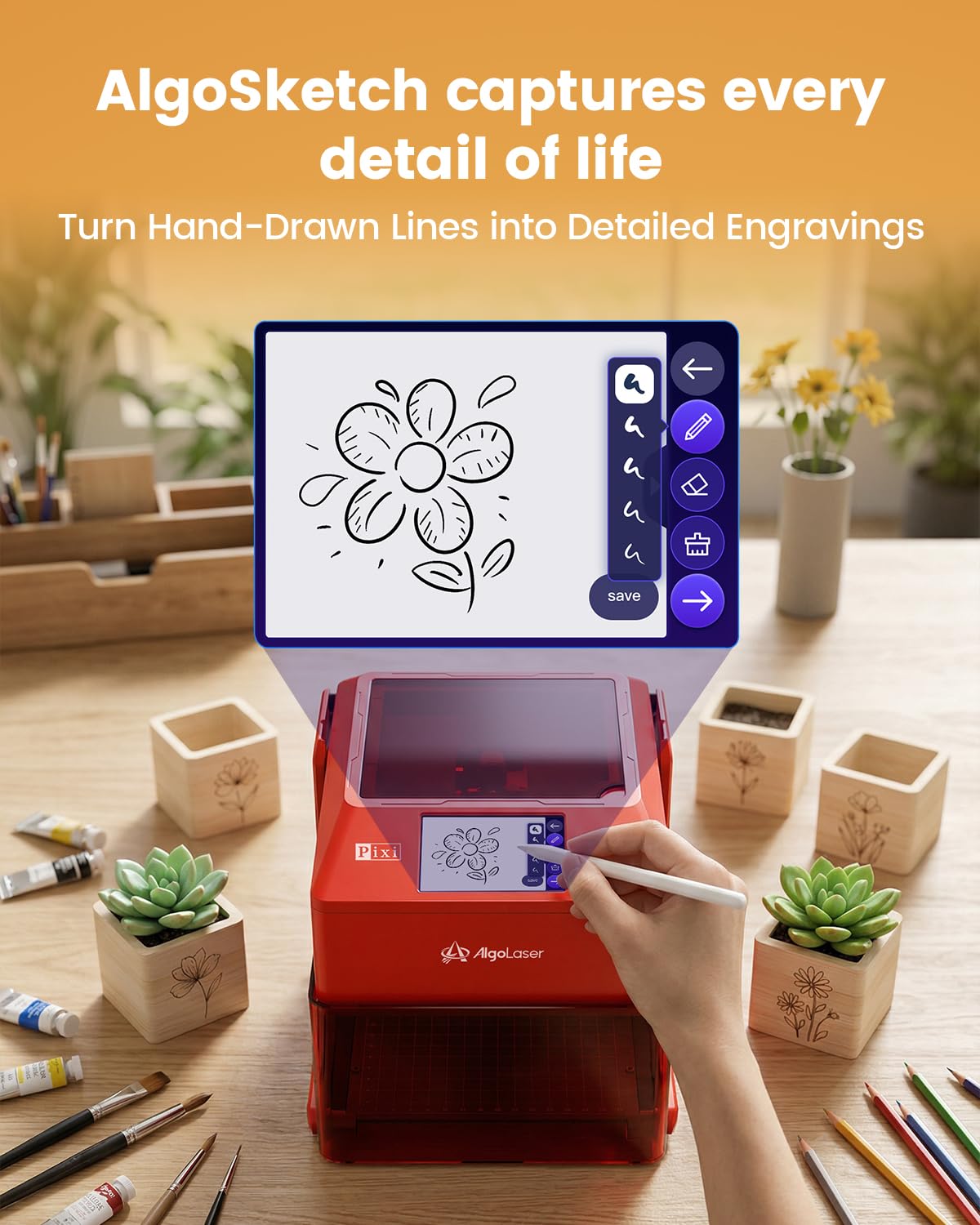 AlgoLaser Pixi Smart Laser Engraver - 3W Portable Laser Engraver Machine with 3.5" Touchscreen & AlgoOS System & APP - Laser Engraving for Wood, Acrylic, Glass, Beginner & DIY Gift & Small Business