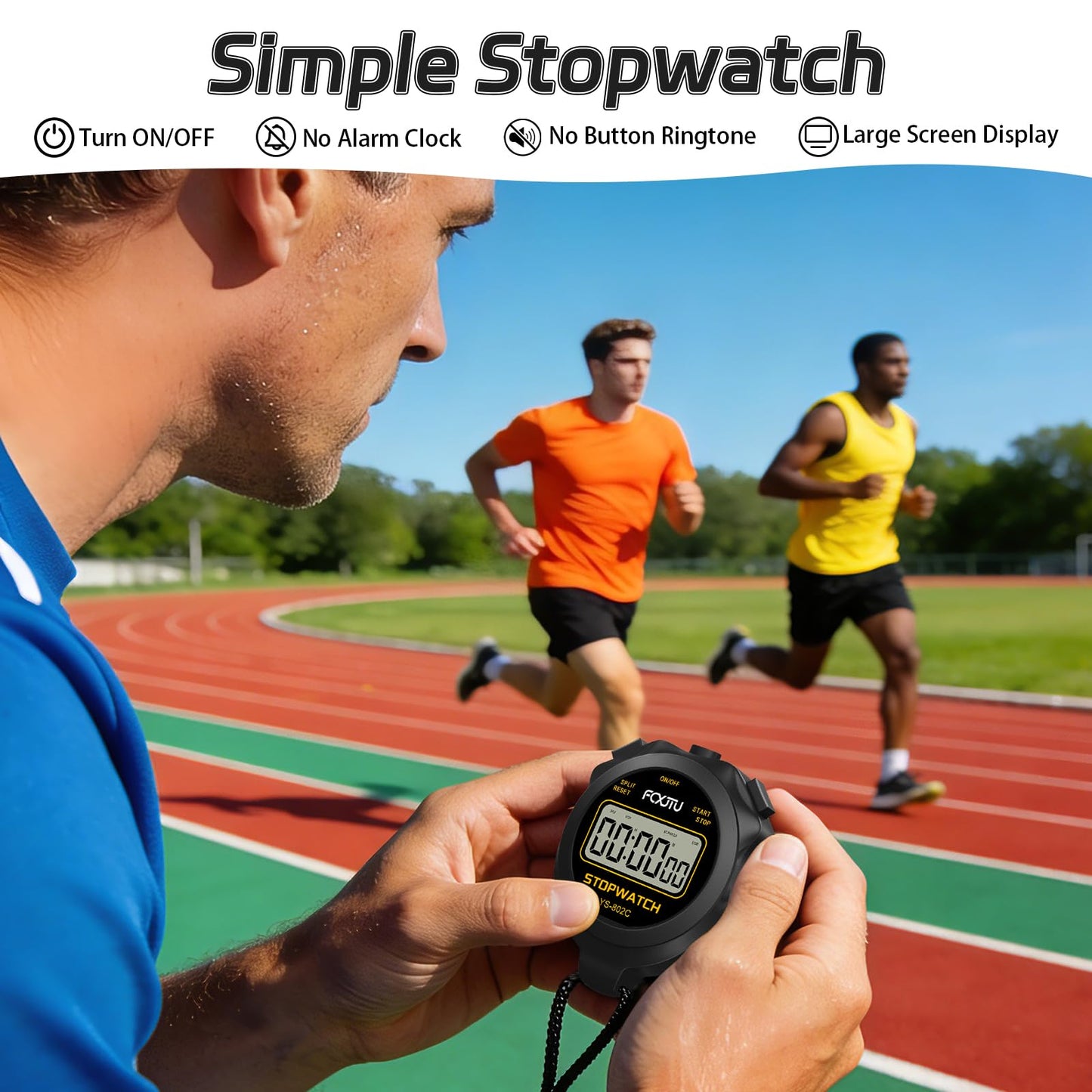 FCXJTU Simple Digital Sports Stopwatch Timer, No Bells, No Clock, No Alarm, Simple Basic Operation, Silent, ON/Off, Pure Stopwatch for Swimming Running Training Kids Coaches Referees Teachers (Black)
