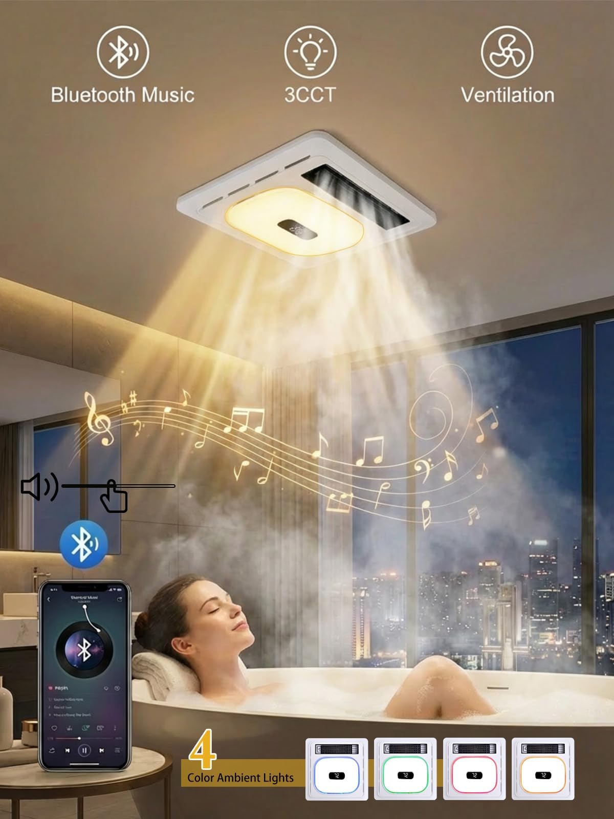 4 In 1 Bathroom Exhaust Fan with Light & Heater 1800W, 180 CFM Ventilation 1.0 Sone Bathroom Exhaust Fan with Bluetooth Speaker, 2 Heat Levels, 4 RGB Modes, Remote Control, Ceiling Mount for Bathroom
