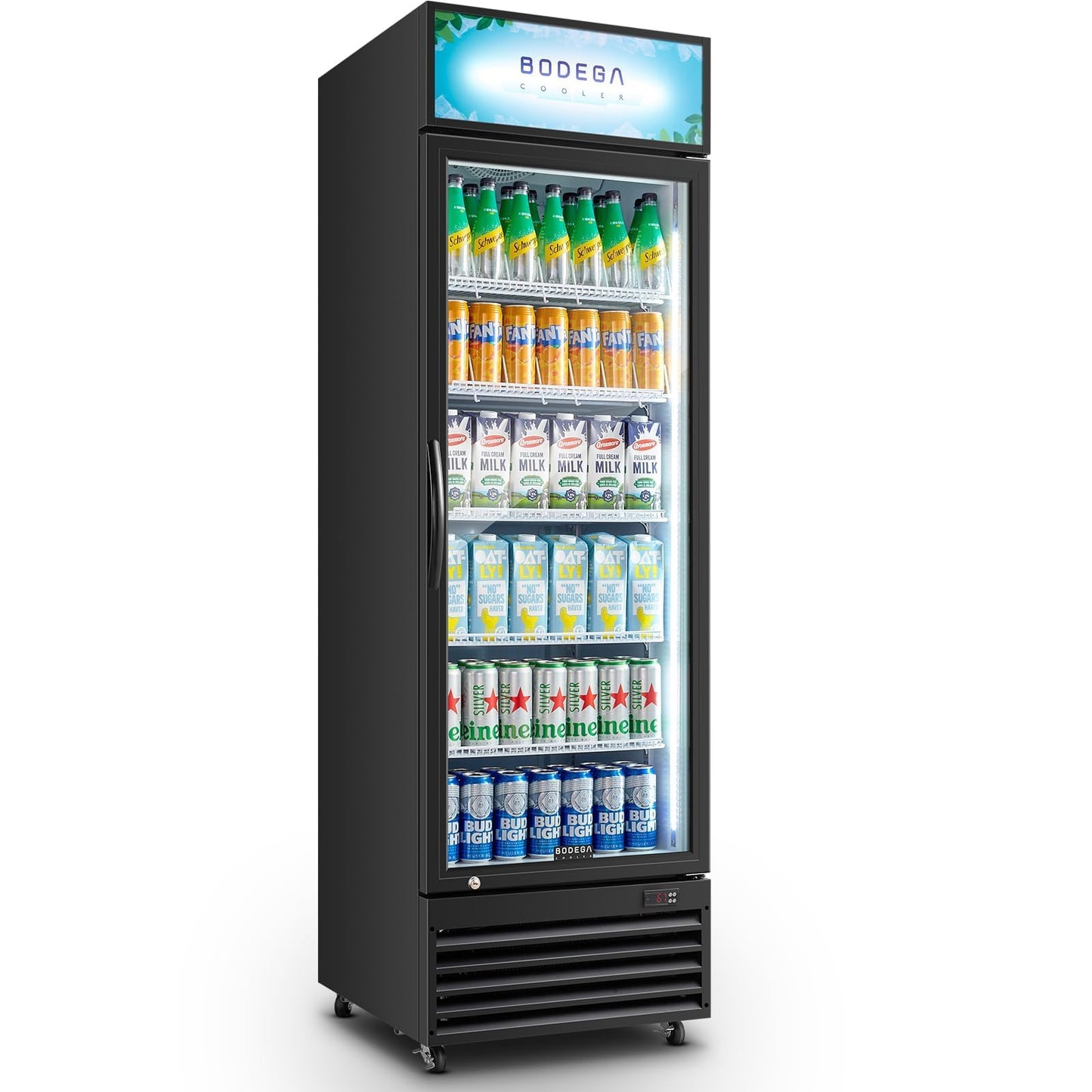 BODEGA BODEGACOOLER 15.5 Cu. Ft Commercial Beverage Refrigerator, Glass Door Upright Display Cooler, 420 Cans Drink Fridge with LED Light, 5 Adjustable Shelves, Lock, Black