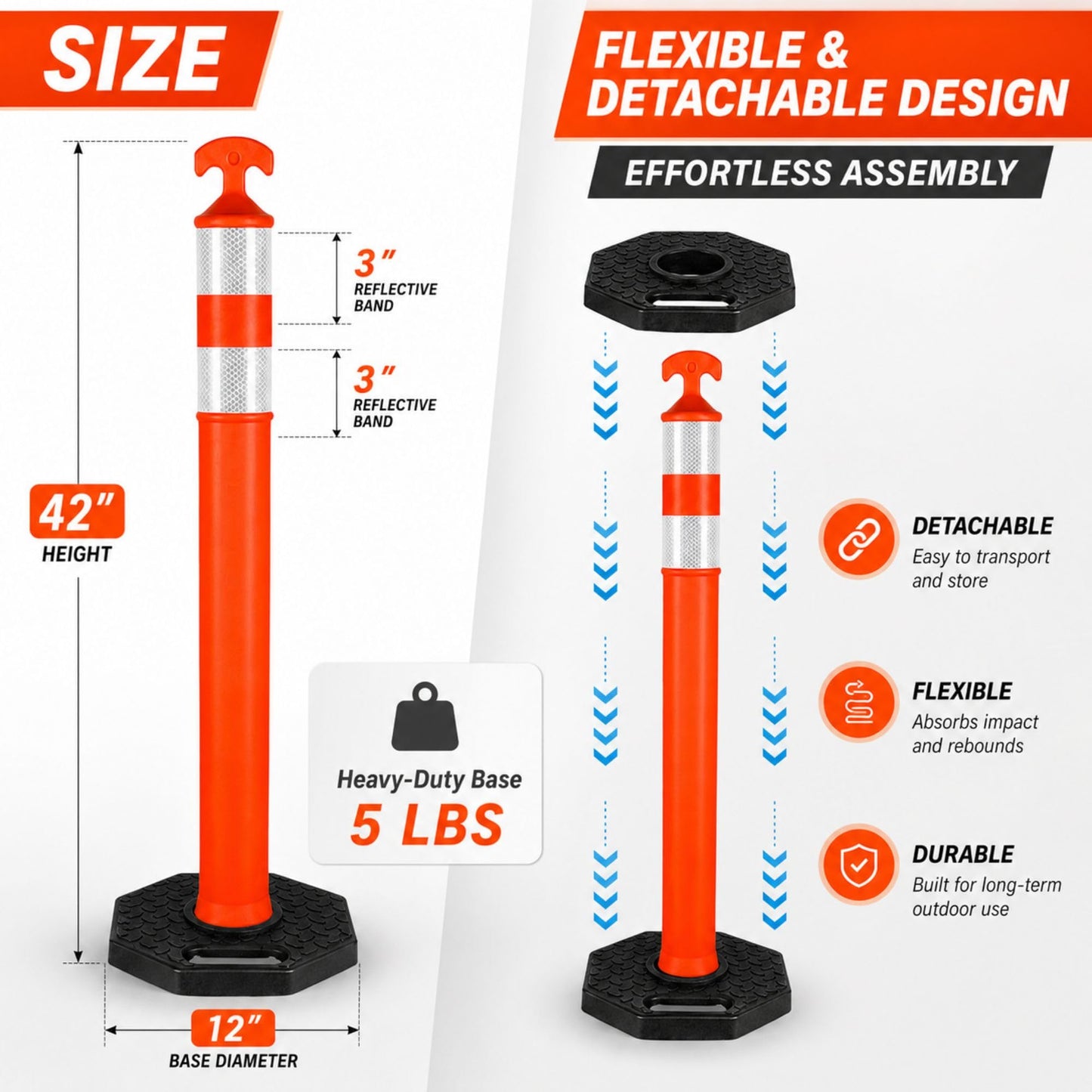 ELLUMIN 42" Traffic Delineator Posts,6 Pack Orange Safety Cones with Reflective Collars and Weighted Base for Road Safety, Parking Lots
