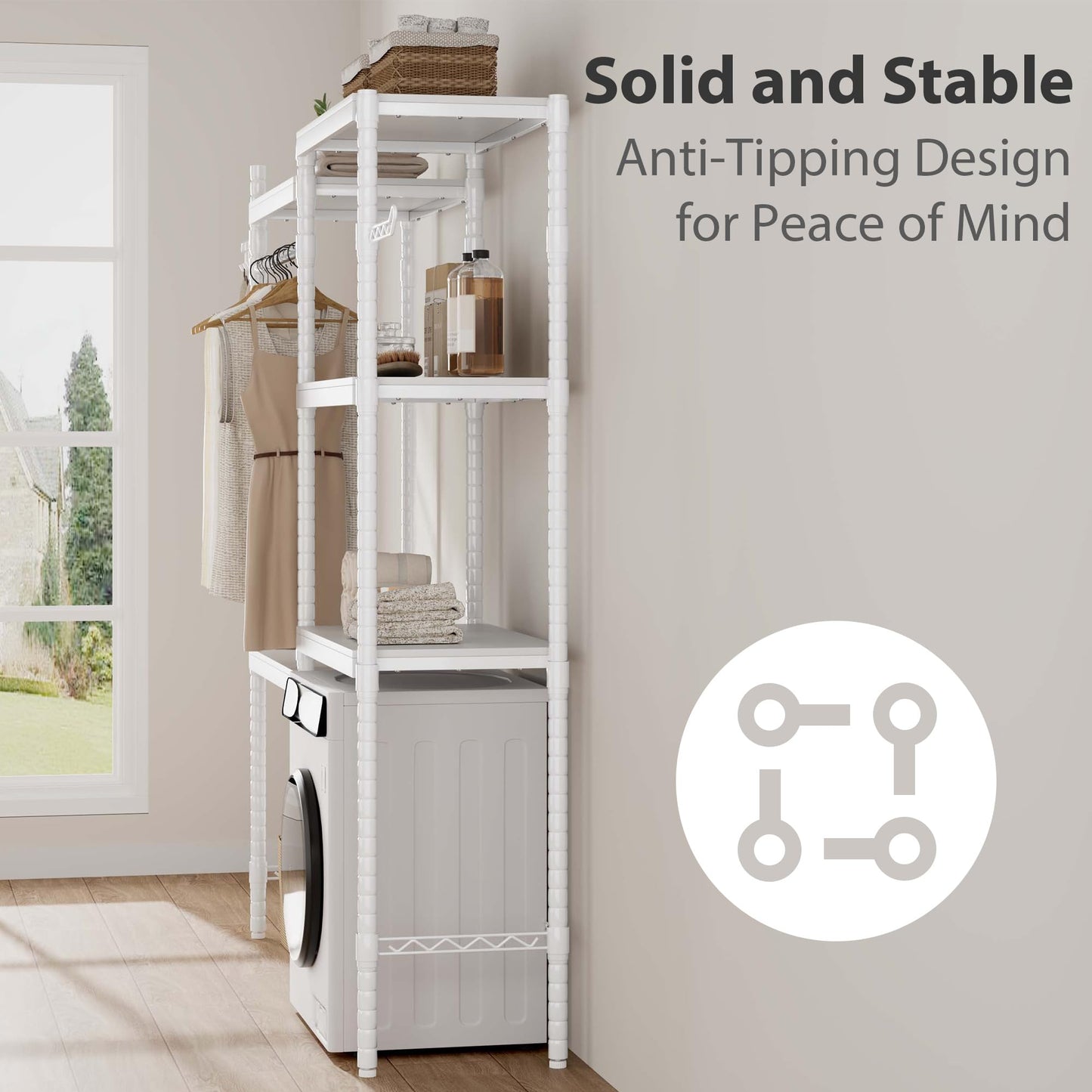 Garvee 30 in 5-Tier Over-The-Washer Shelf – Adjustable Height Laundry Organizer with Double-Layer Wood Shelves (100 LB Capacity), Space-Saving Storage for Bathroom, Laundry Room, Balcony (White)