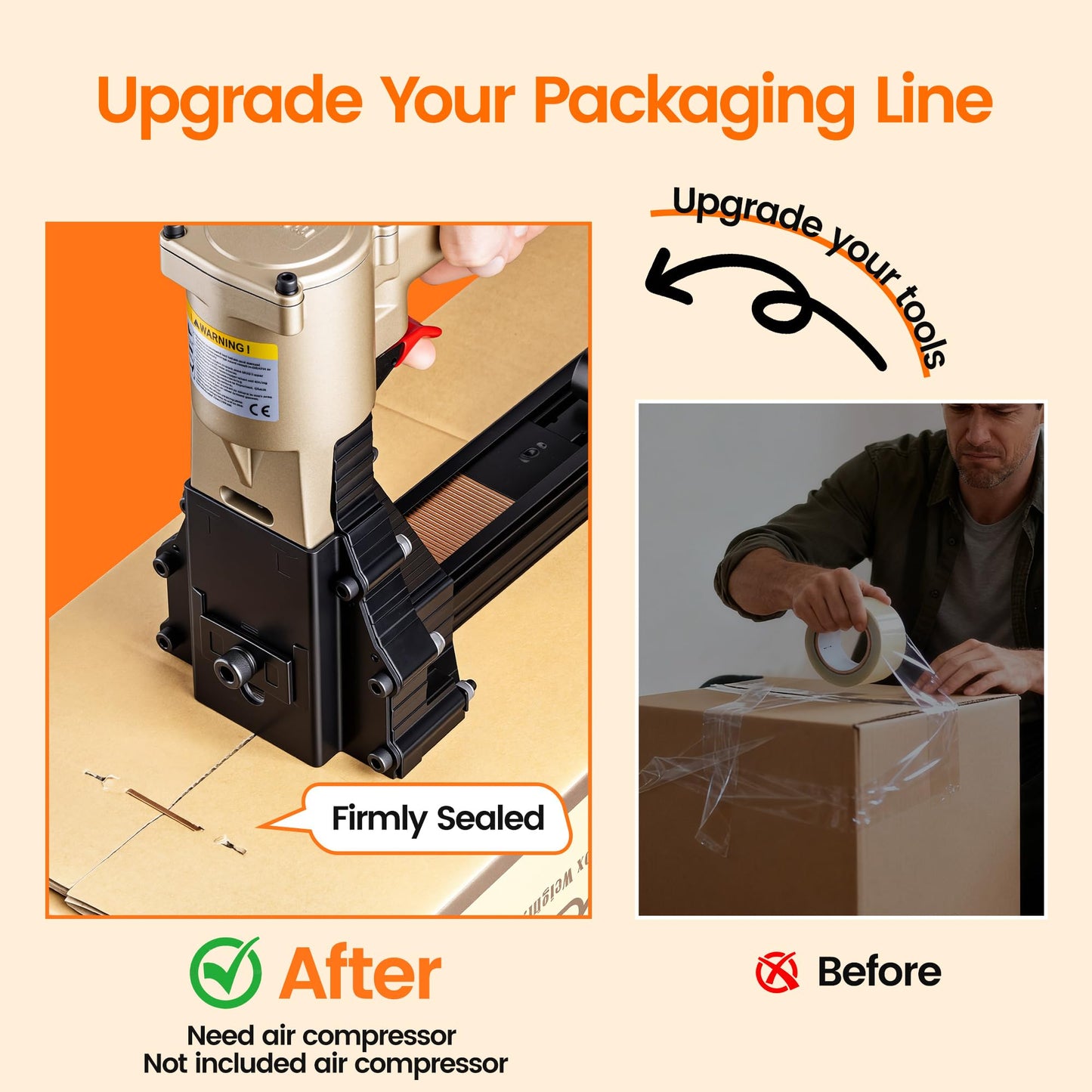 meite ADCS-22 Box Stapler 16 Gauge Carton Closing Stapler Heavy Duty Pneumatic Cardboard Staple Gun for Corrugated Case Packaging, Accepts 1-3/8" Crown 3/4"-7/8" Leg Carton Staples