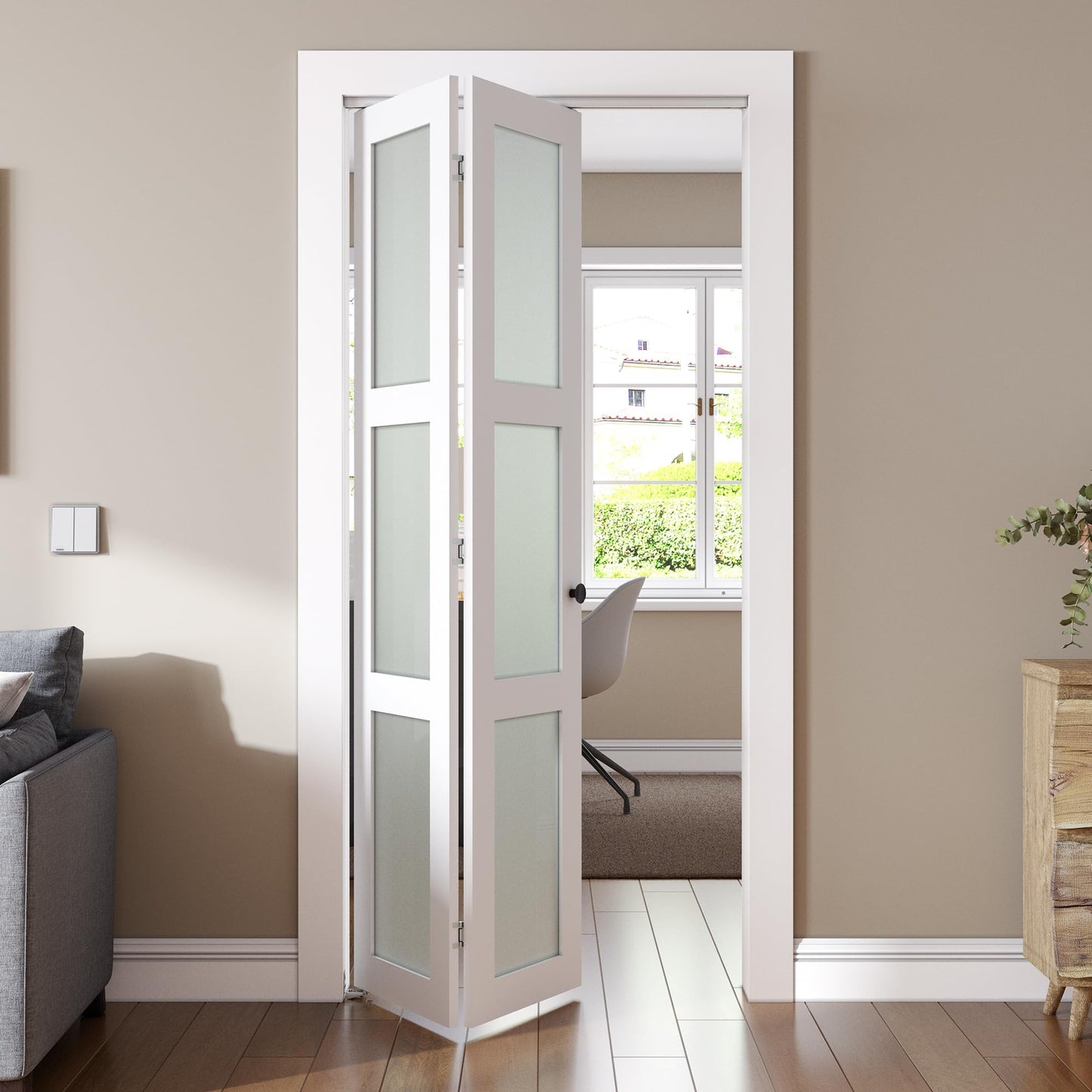 SMARTSTANDARD Bifold Door, for 30"x 80" Opening,Tempered Frosted Glass Closet Folding Barn Door with Hardware Kit, Water-Proof PVC Surface,Easy Install,White