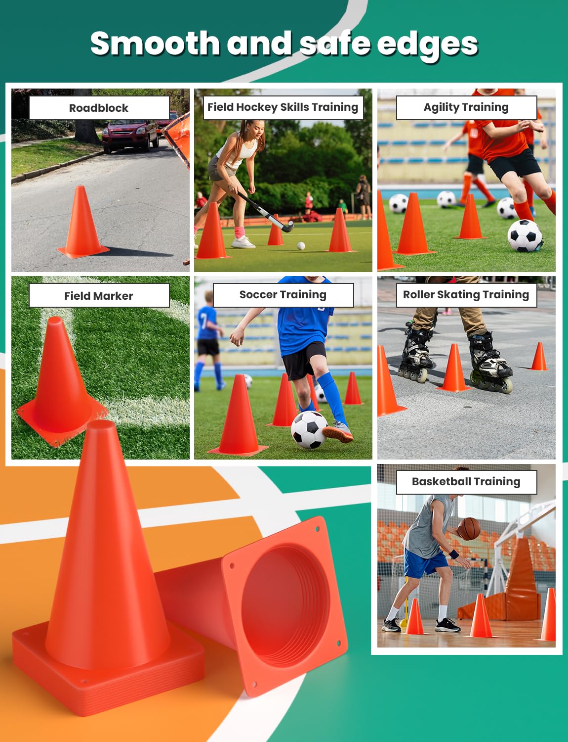 GHB 9 Inch Soccer Cones 12 Pack Disc Soccer Sport Cones Training Field Marker Agility Cones for Basketball, Coaching, Practice Equipment Includes Drills Guide (9" 12Pcs Orange)